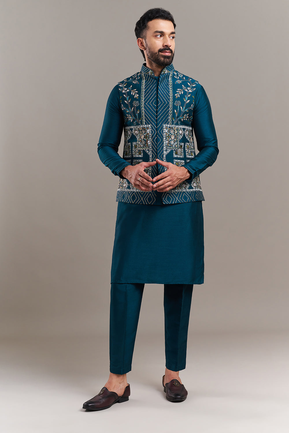 Teal Blue Silk Blend Geometric Panel Men's Kurta with Jacket