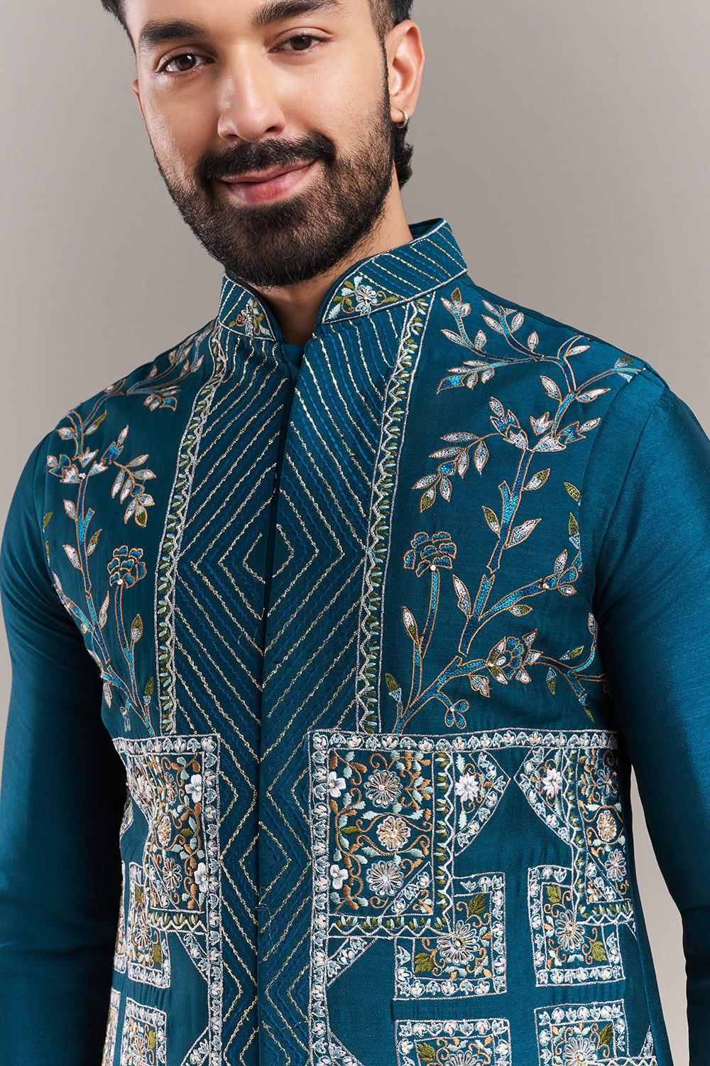 Teal Blue Silk Blend Geometric Panel Men's Kurta with Jacket
