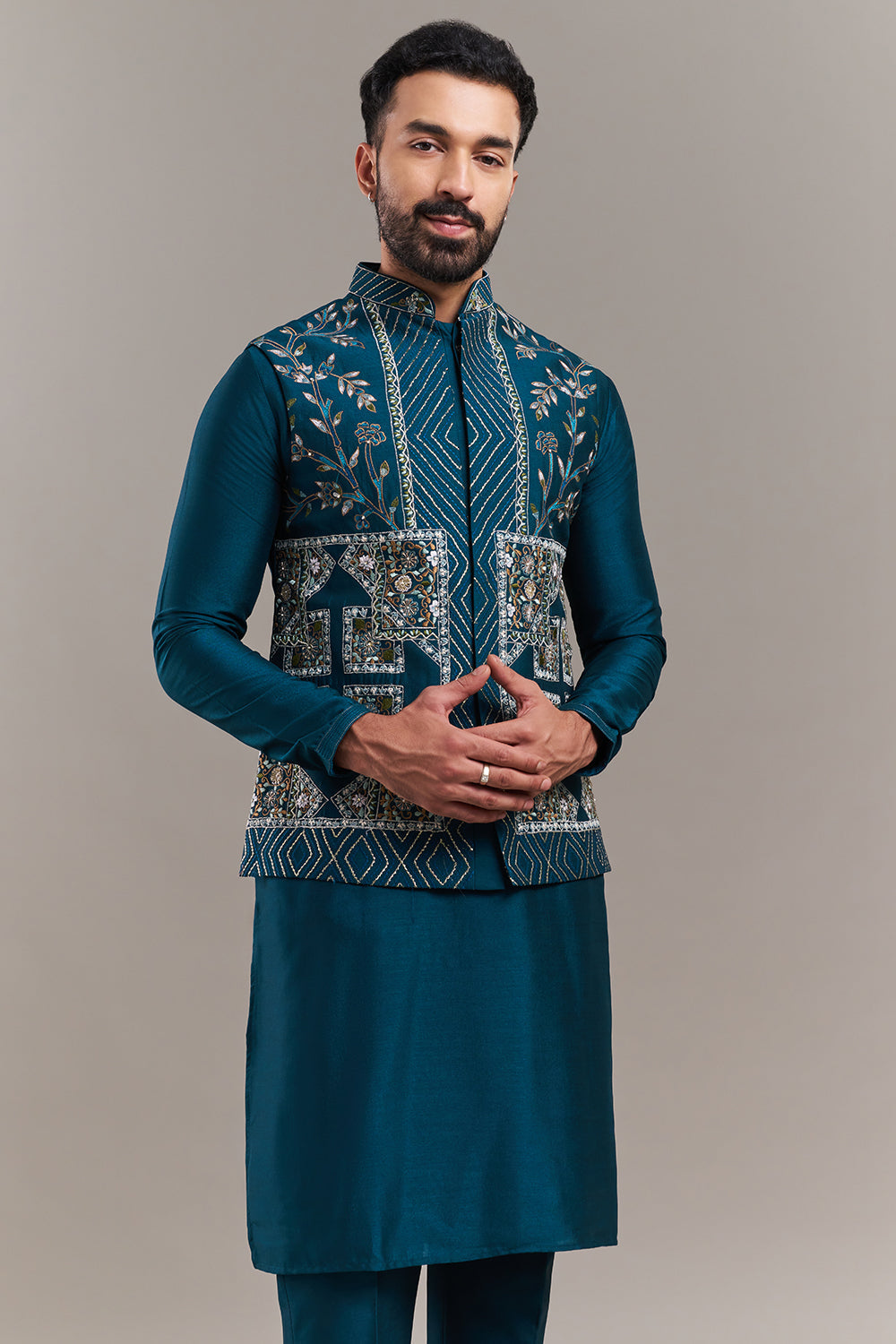 Teal Blue Silk Blend Geometric Panel Men's Kurta with Jacket
