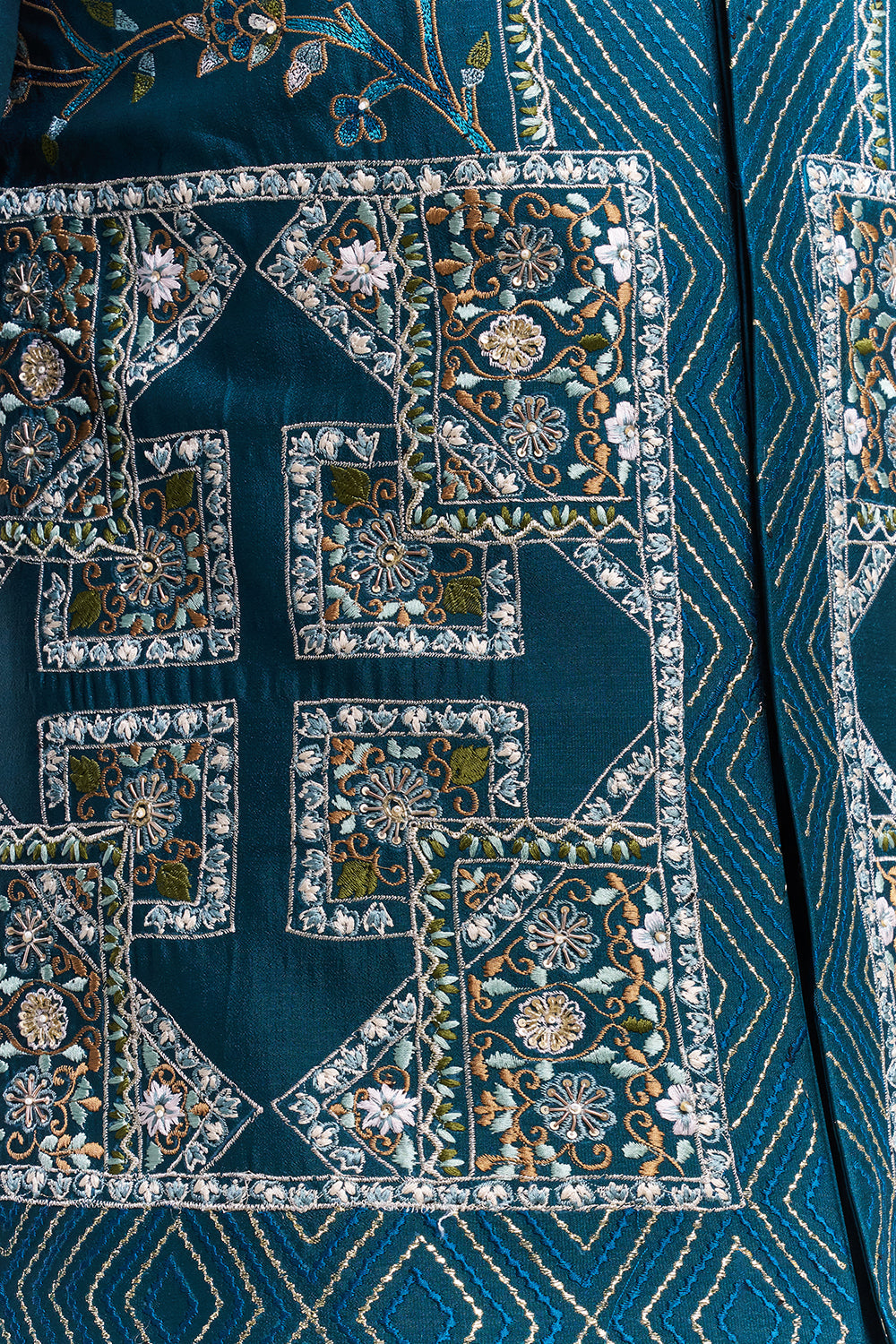 Teal Blue Silk Blend Geometric Panel Men's Kurta with Jacket
