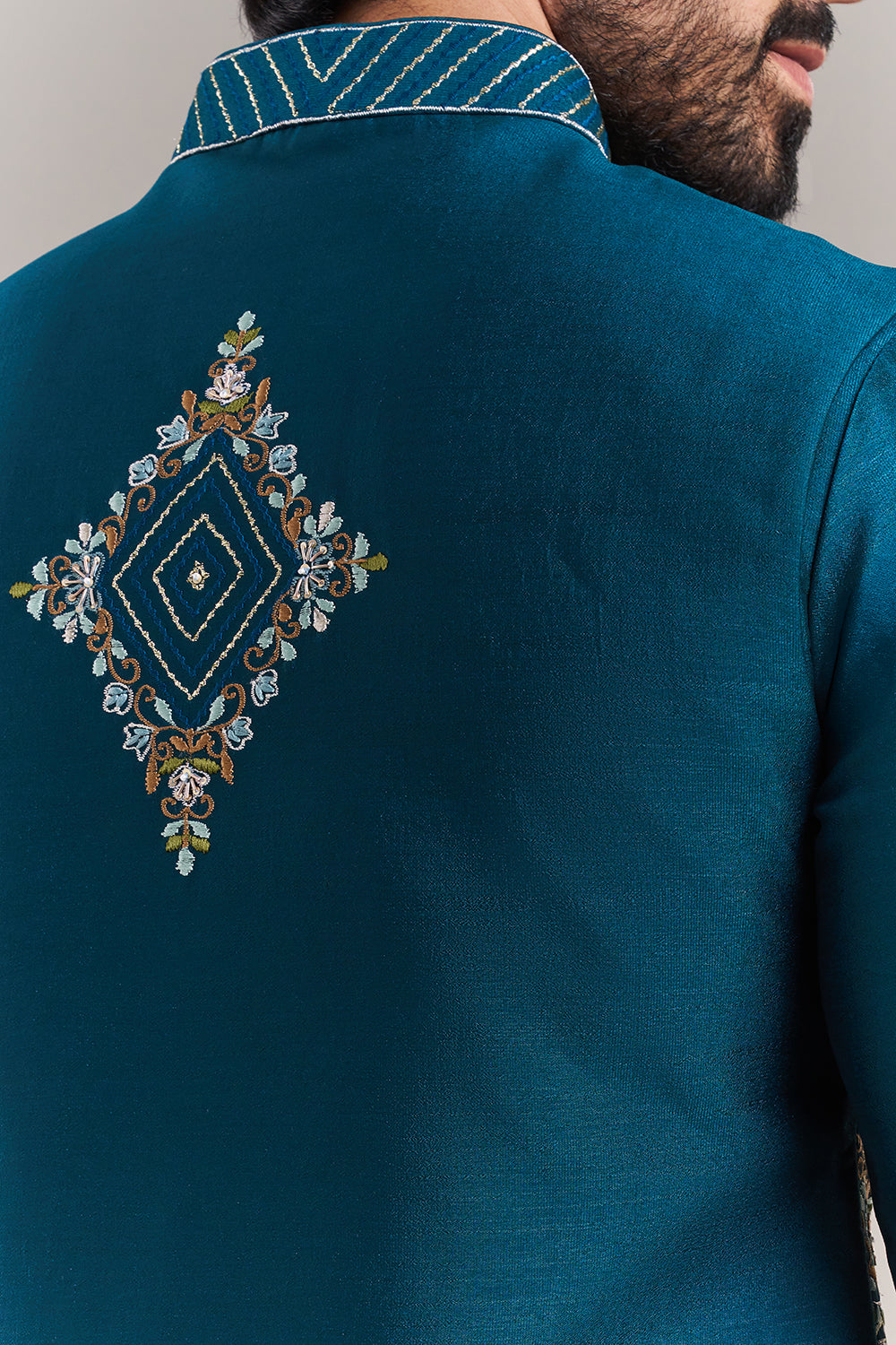 Teal Blue Silk Blend Geometric Panel Men's Kurta with Jacket
