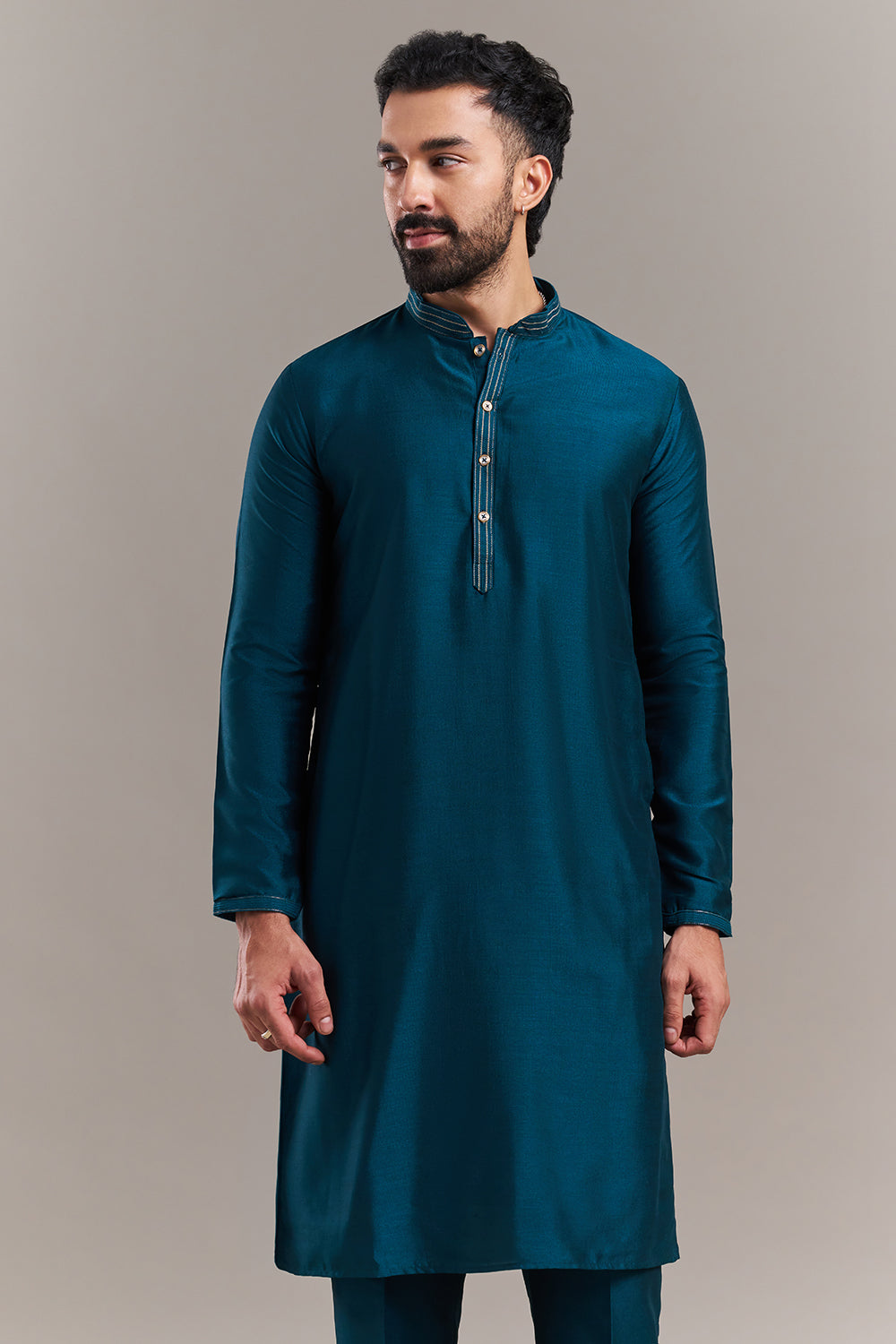 Teal Blue Silk Blend Geometric Panel Men's Kurta with Jacket
