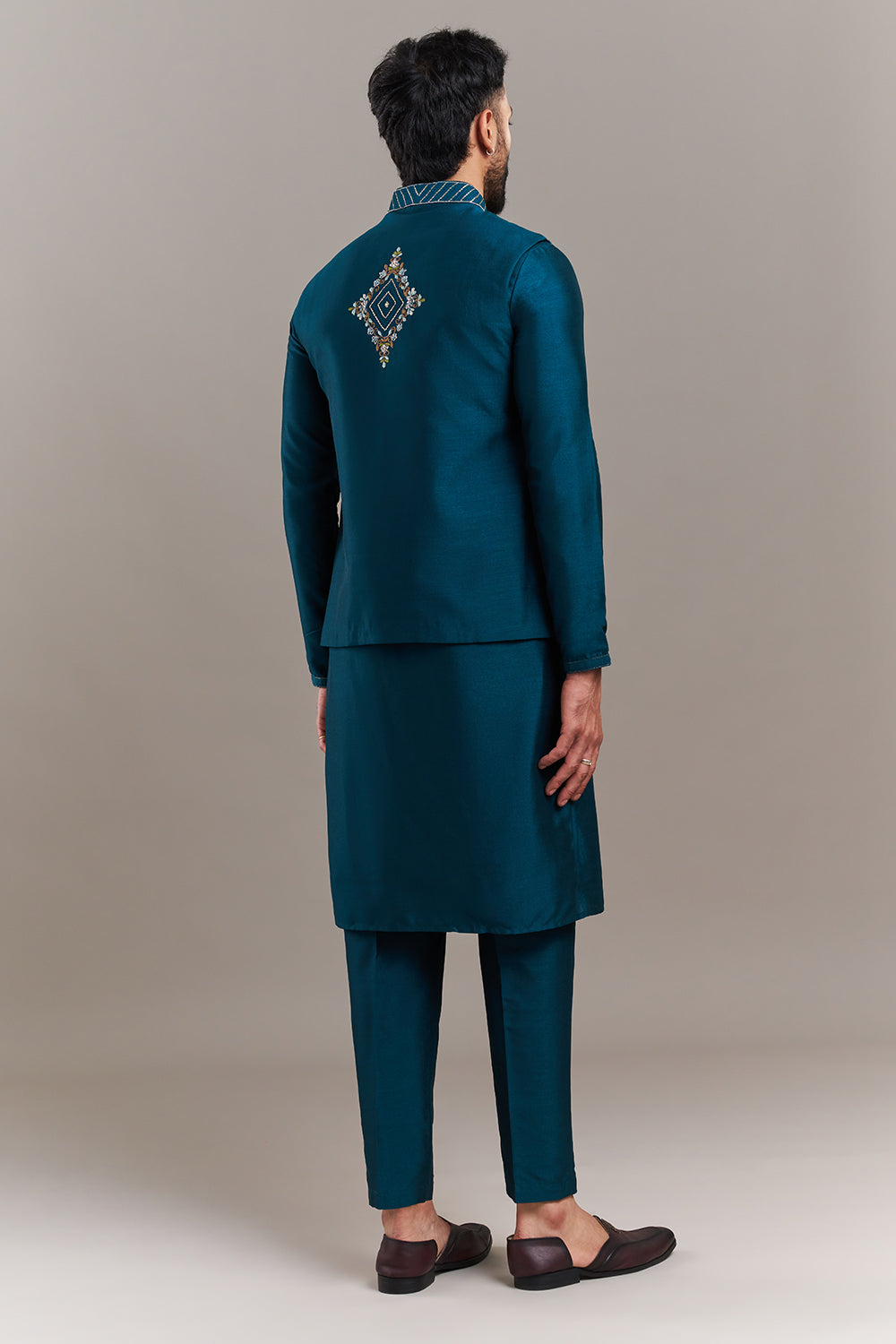 Teal Blue Silk Blend Geometric Panel Men's Kurta with Jacket