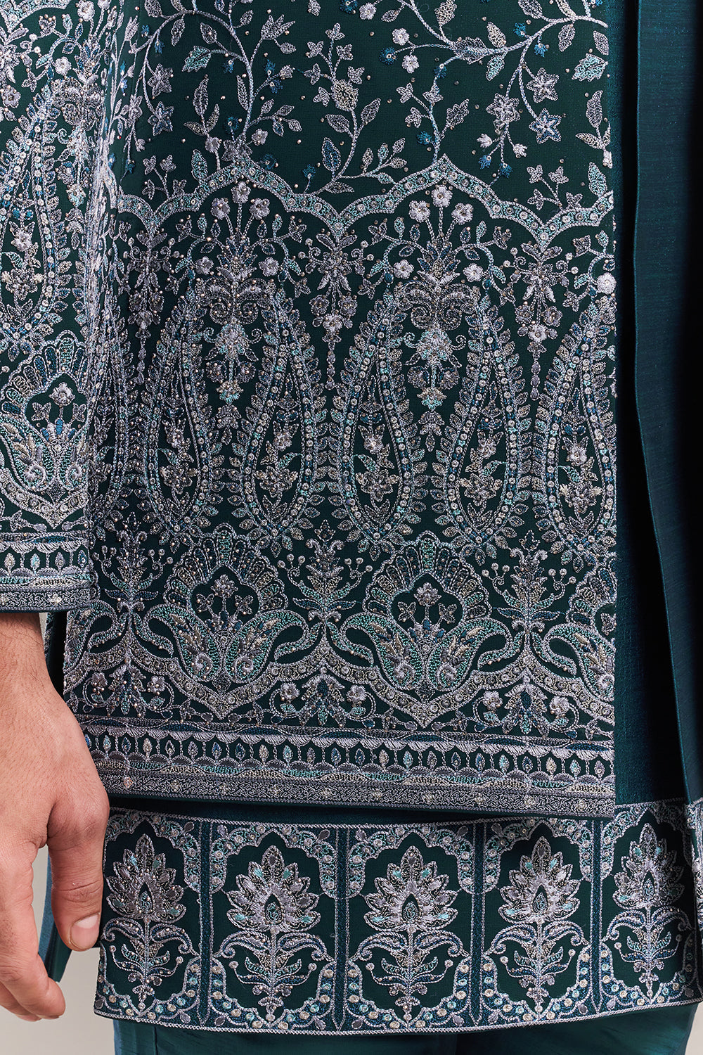 Teal Blue Silk Blend Resham Work Men's Indo-Western Set