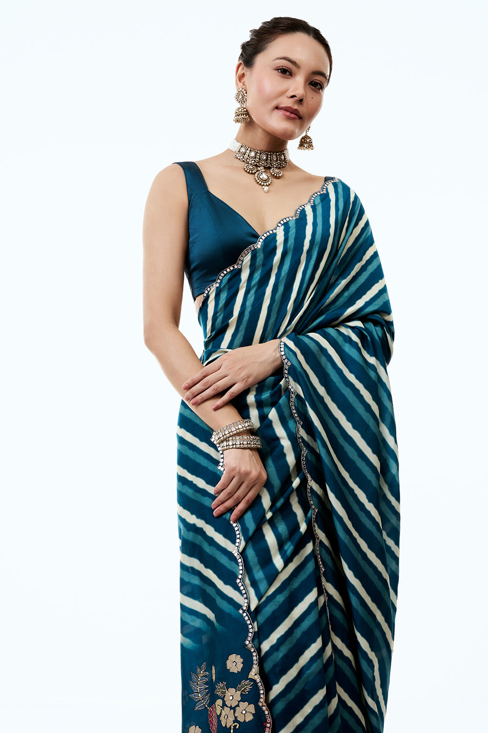 Teal Blue Silk Leheriya Saree with Floral Pallu and Unstitched Blouse