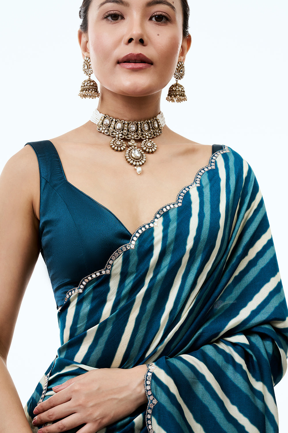 Teal Blue Silk Leheriya Saree with Floral Pallu and Unstitched Blouse