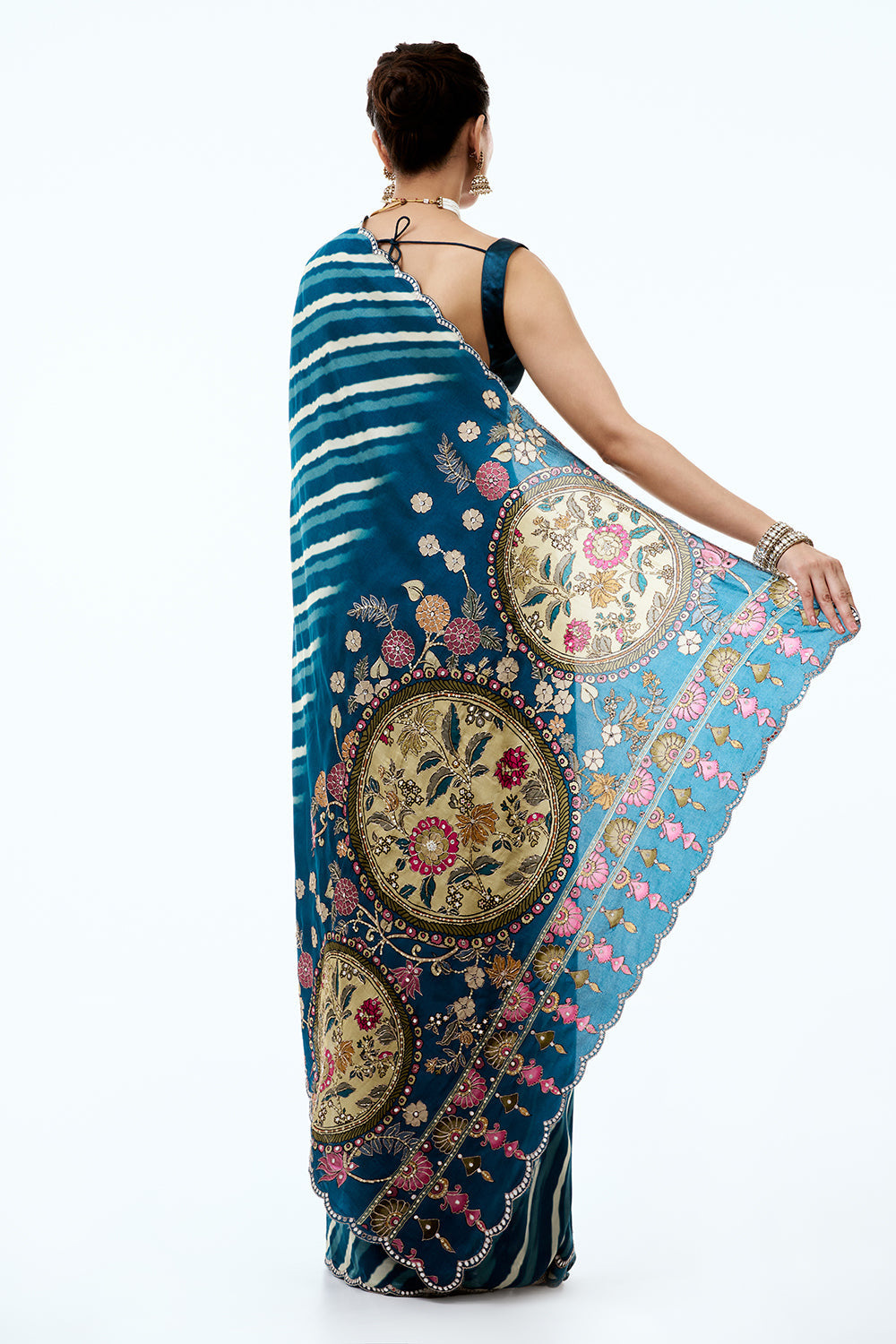 Teal Blue Silk Leheriya Saree with Floral Pallu and Unstitched Blouse