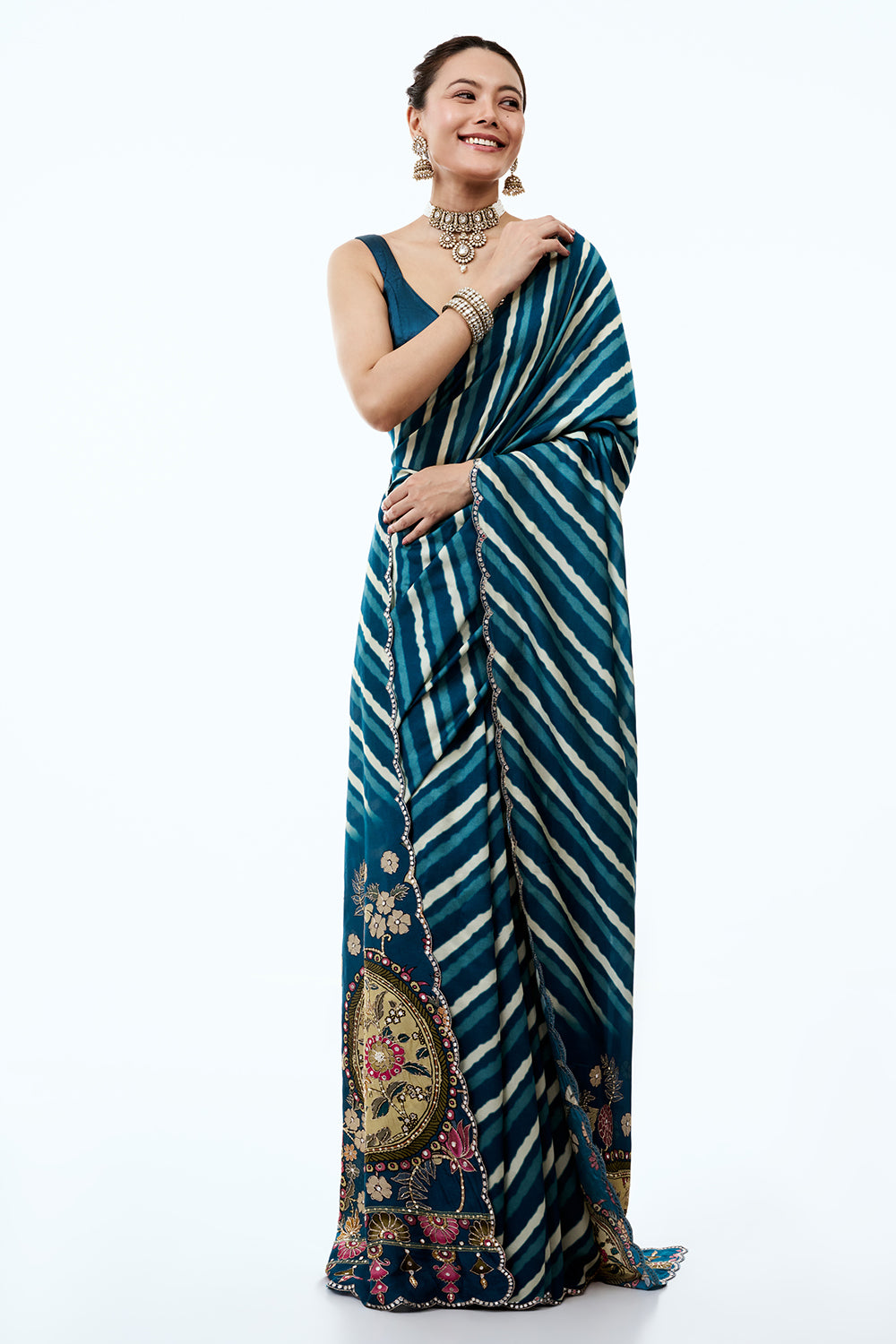 Teal Blue Silk Leheriya Saree with Floral Pallu and Unstitched Blouse