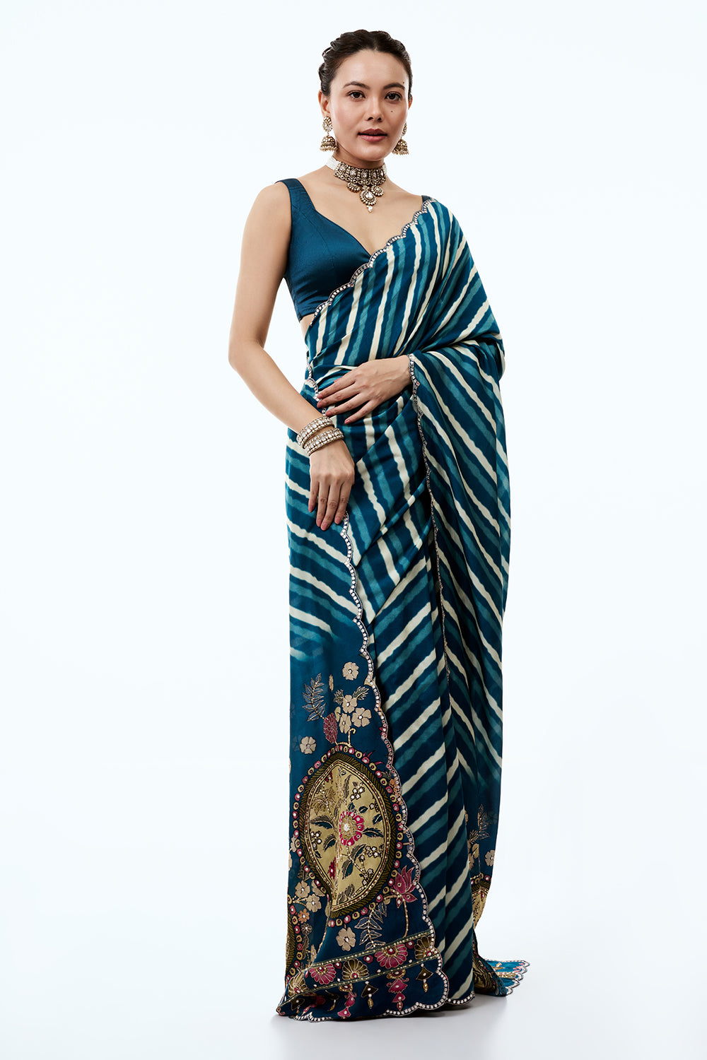 Teal Blue Silk Leheriya Saree with Floral Pallu and Unstitched Blouse
