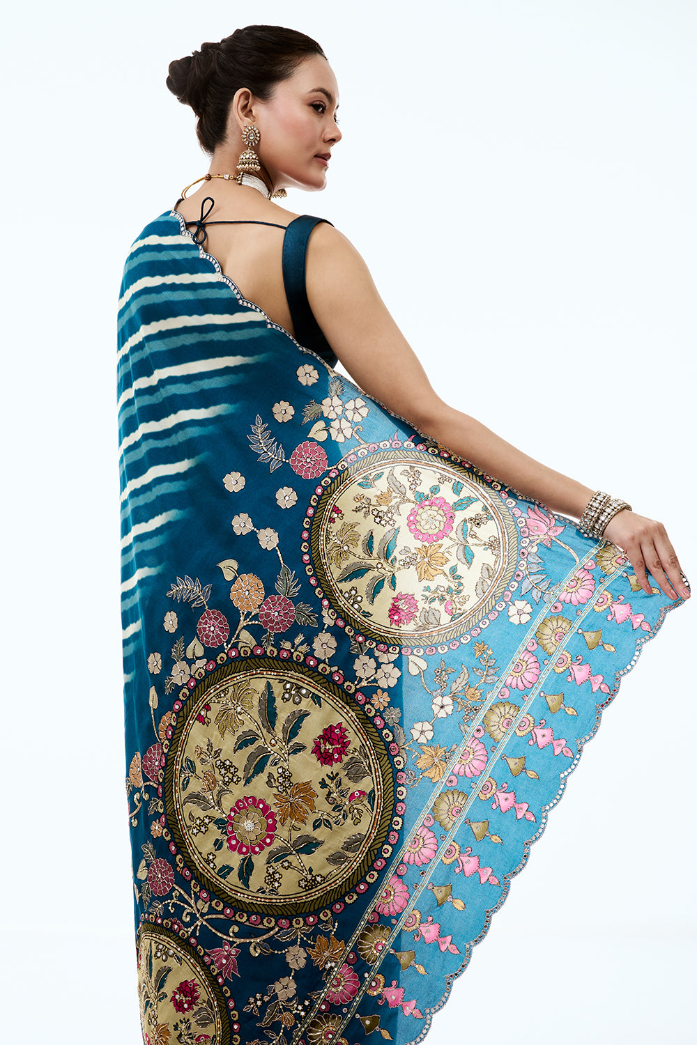 Teal Blue Silk Leheriya Saree with Floral Pallu and Unstitched Blouse
