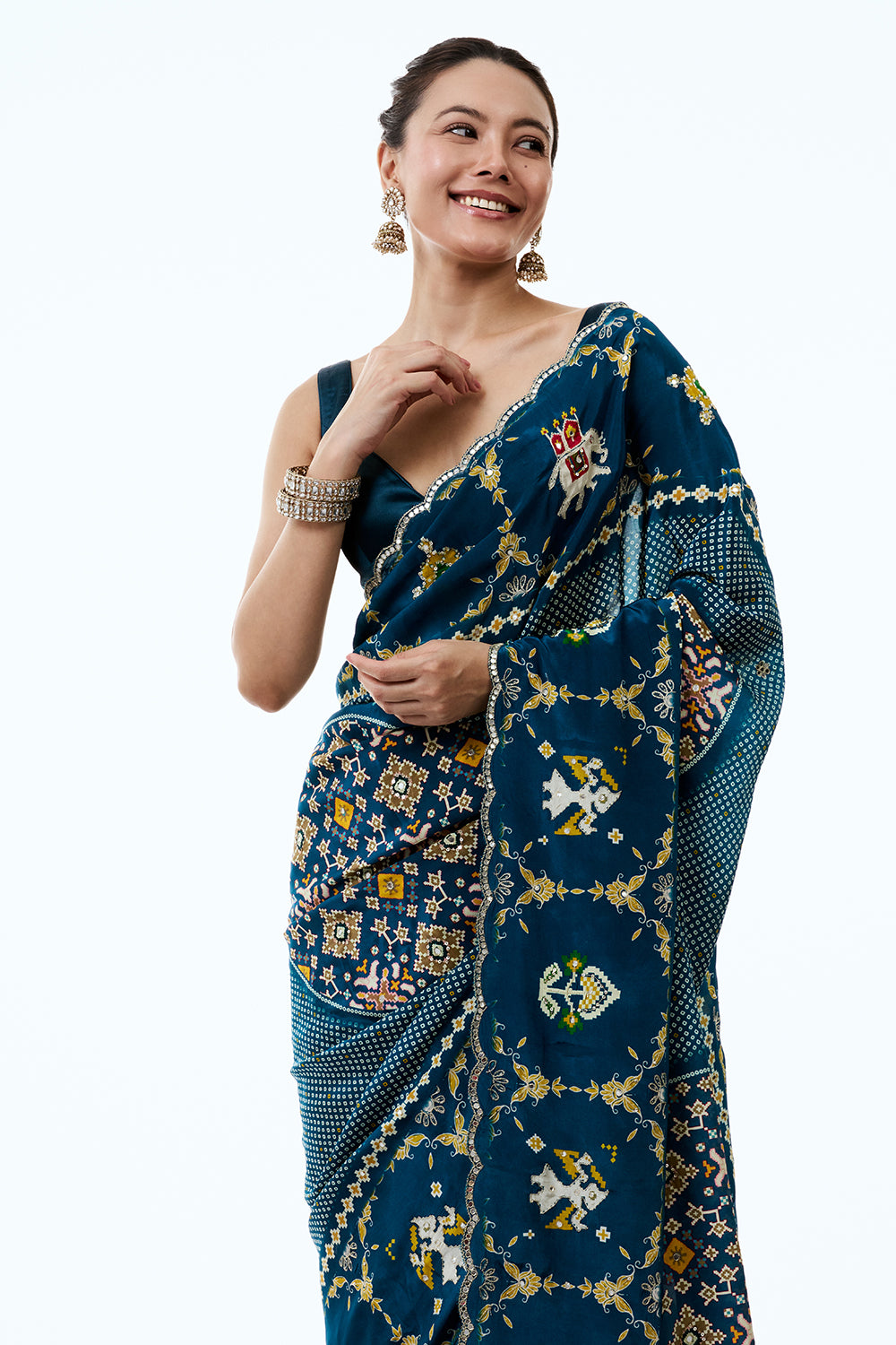 Teal Blue Silk Printed Saree with Traditional Motifs and Unstitched Blouse
