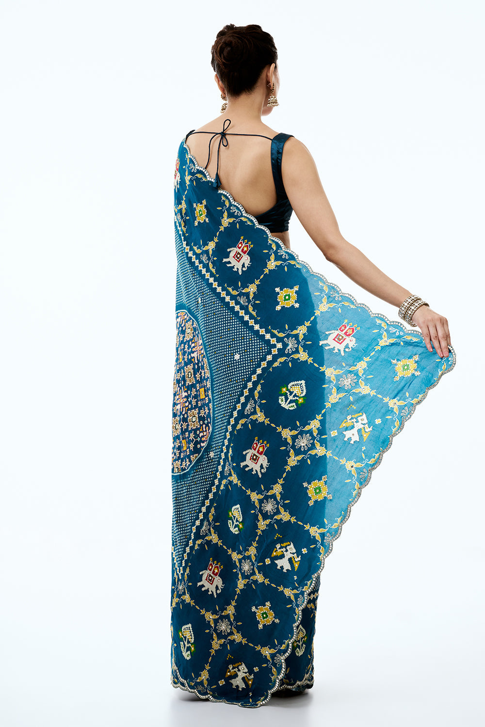 Teal Blue Silk Printed Saree with Traditional Motifs and Unstitched Blouse