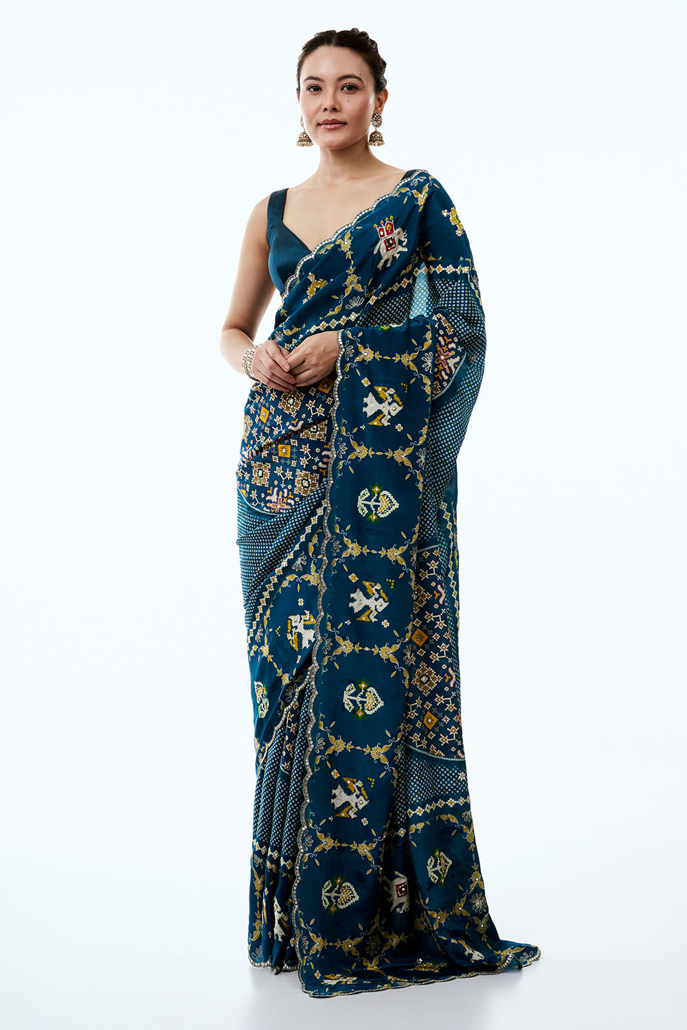 Teal Blue Silk Printed Saree with Traditional Motifs and Unstitched Blouse
