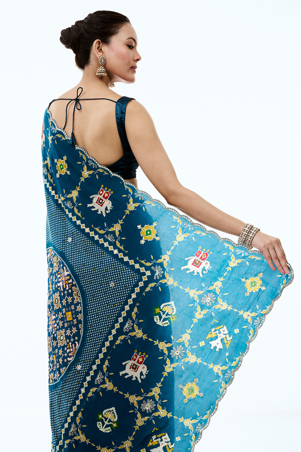 Teal Blue Silk Printed Saree with Traditional Motifs and Unstitched Blouse