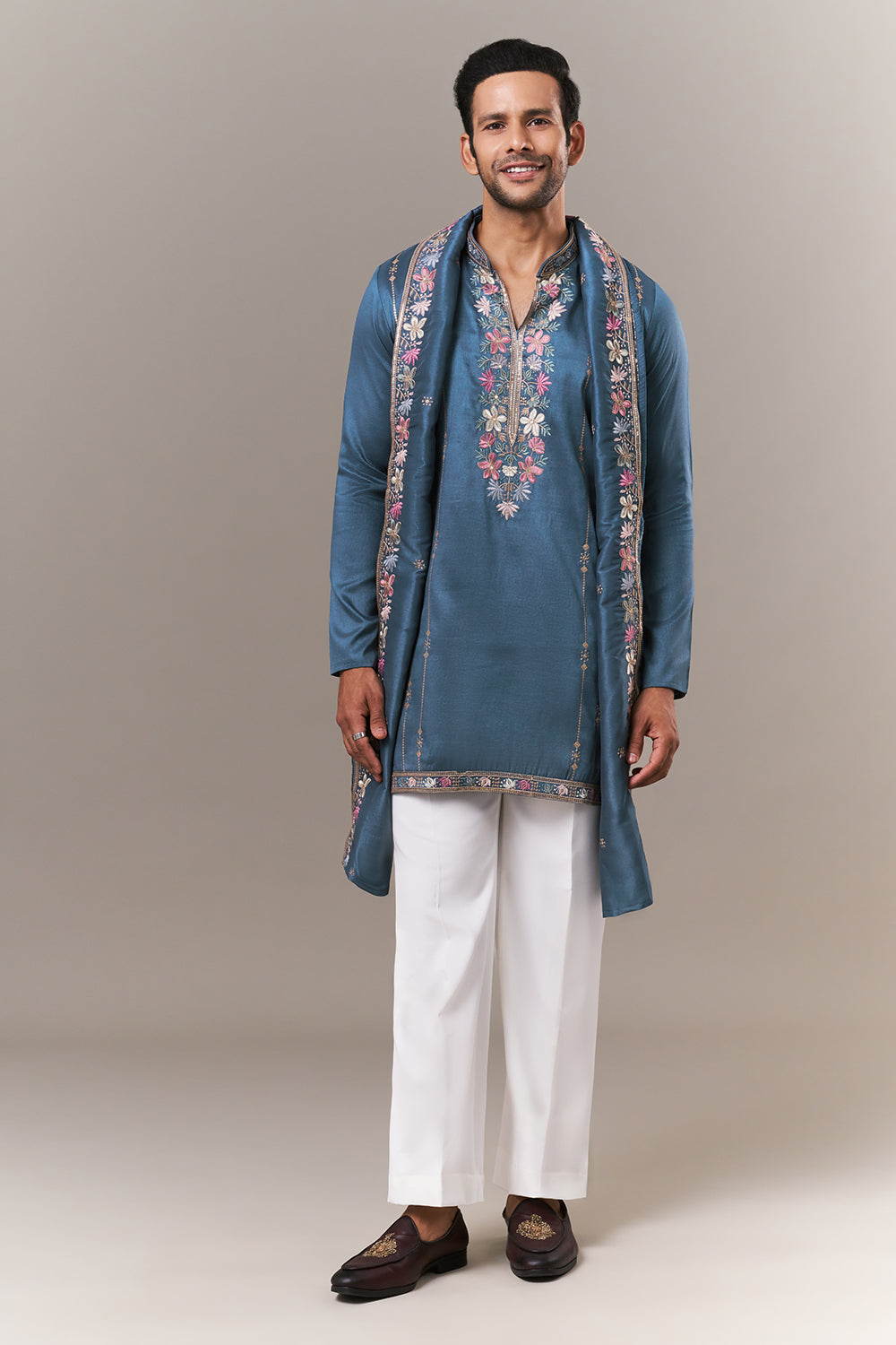 Teal Blue Tussar Silk Mens Kurta Set with Colourful Embroidery