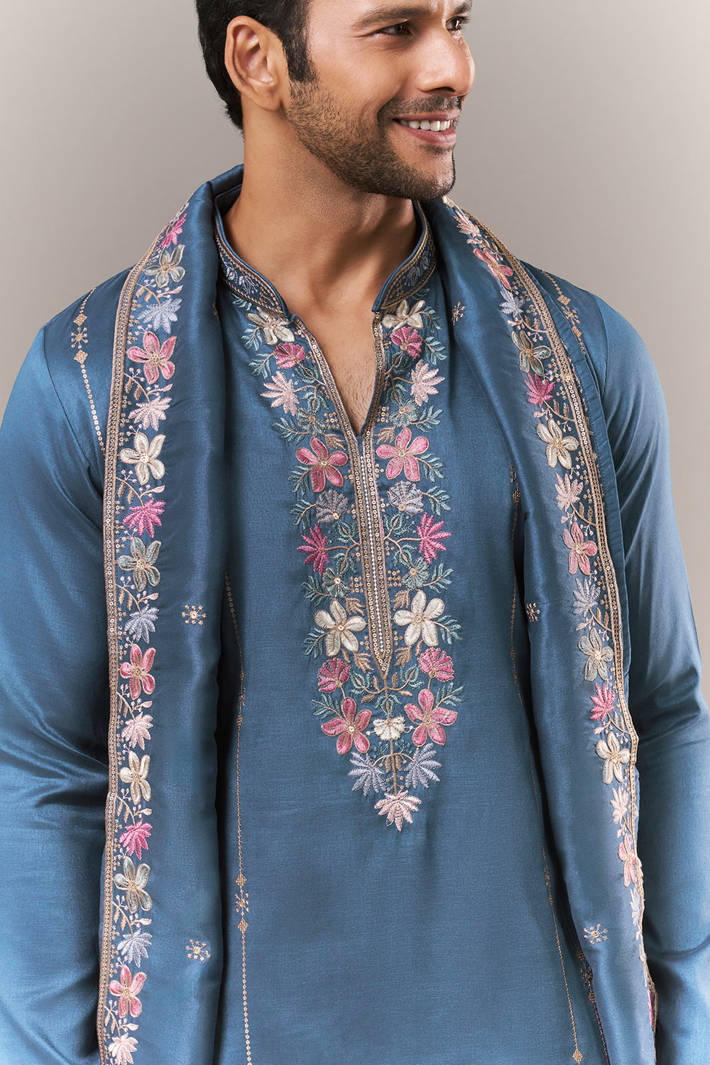 Teal Blue Tussar Silk Mens Kurta Set with Colourful Embroidery
