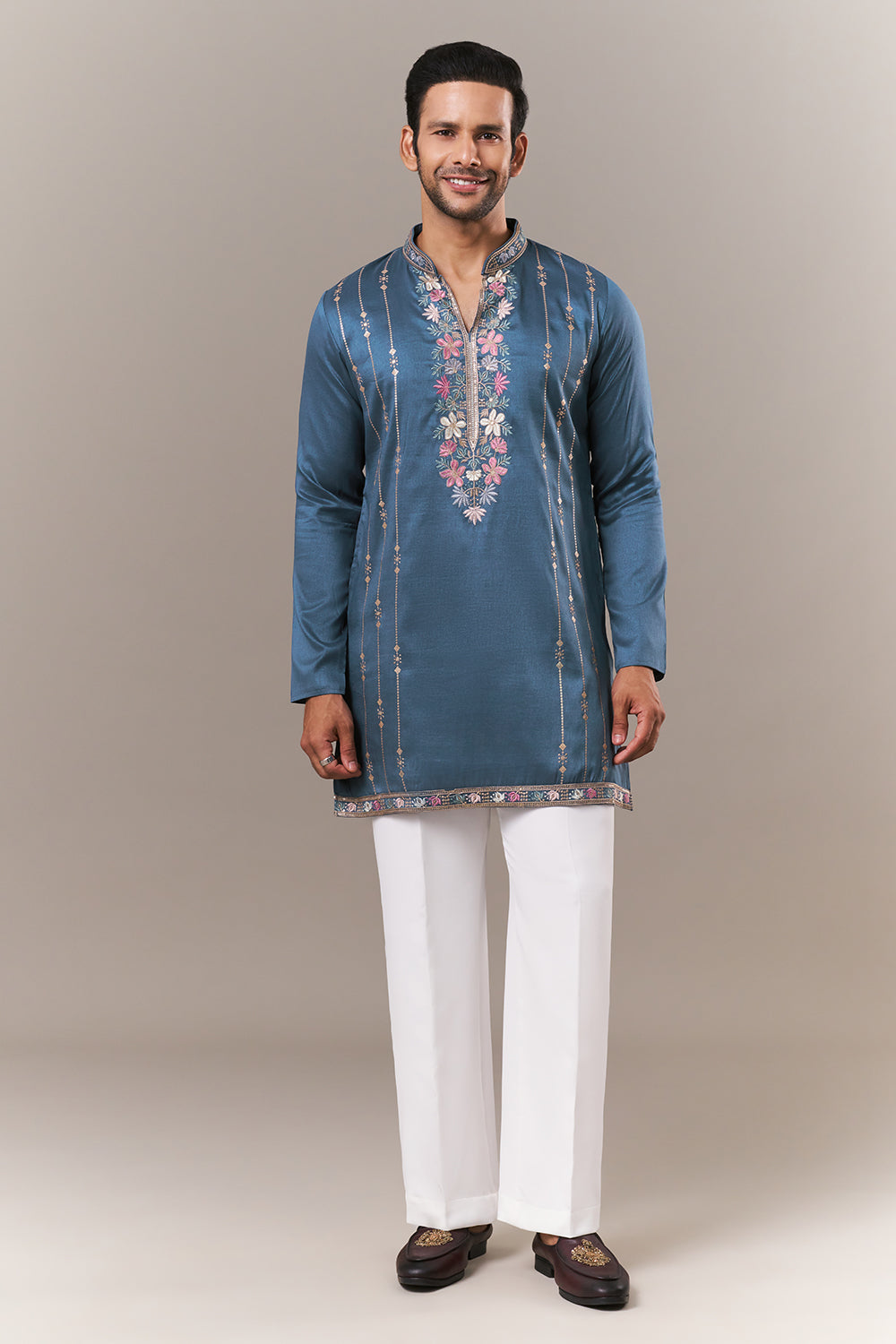 Teal Blue Tussar Silk Mens Kurta Set with Colourful Embroidery