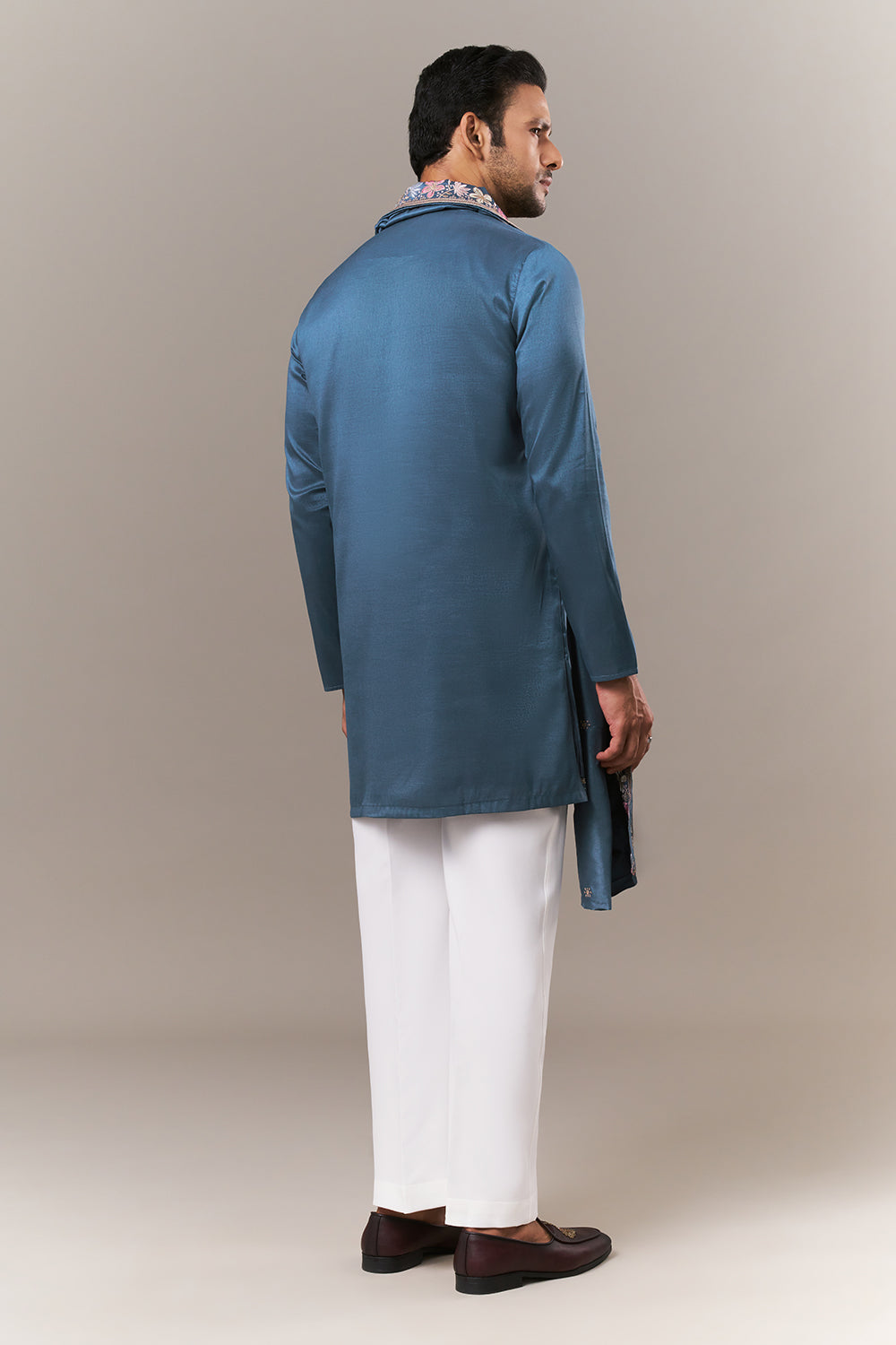 Teal Blue Tussar Silk Mens Kurta Set with Colourful Embroidery