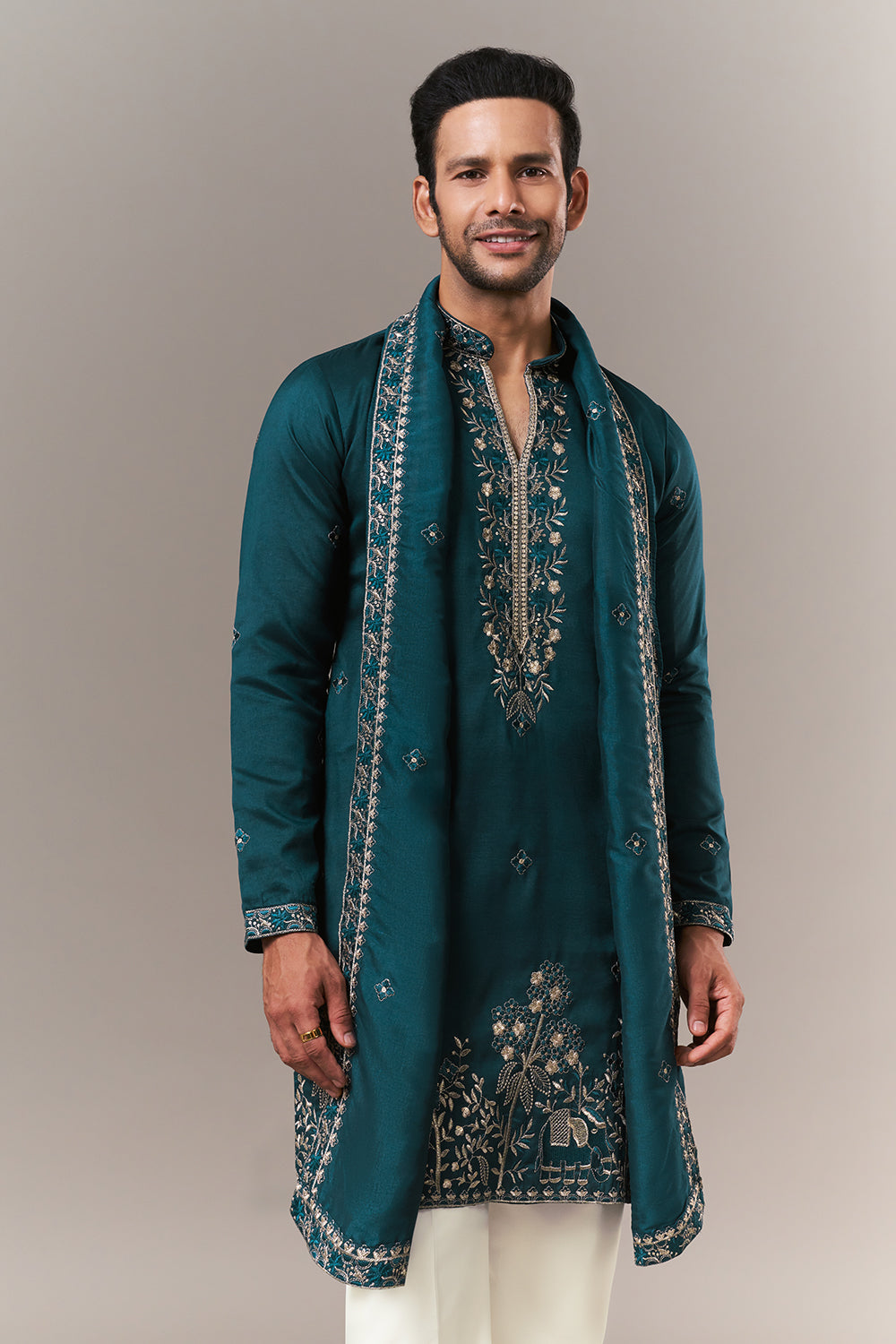 Teal Blue Tussar Silk Mens Kurta Set with Zari and Resham Work