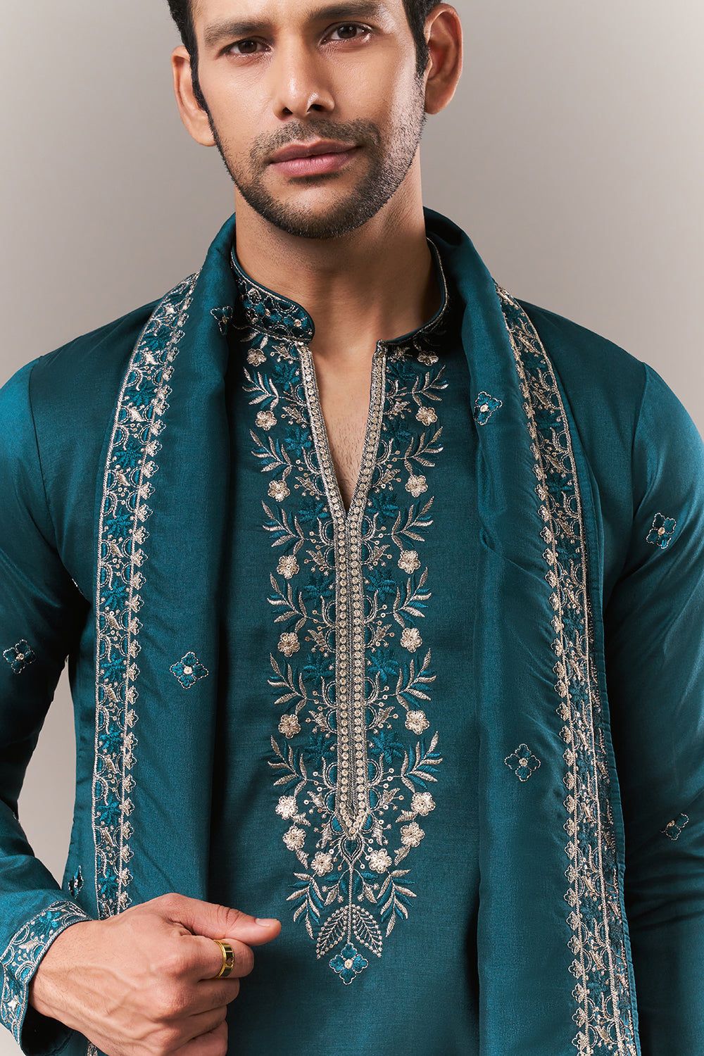 Teal Blue Tussar Silk Mens Kurta Set with Zari and Resham Work