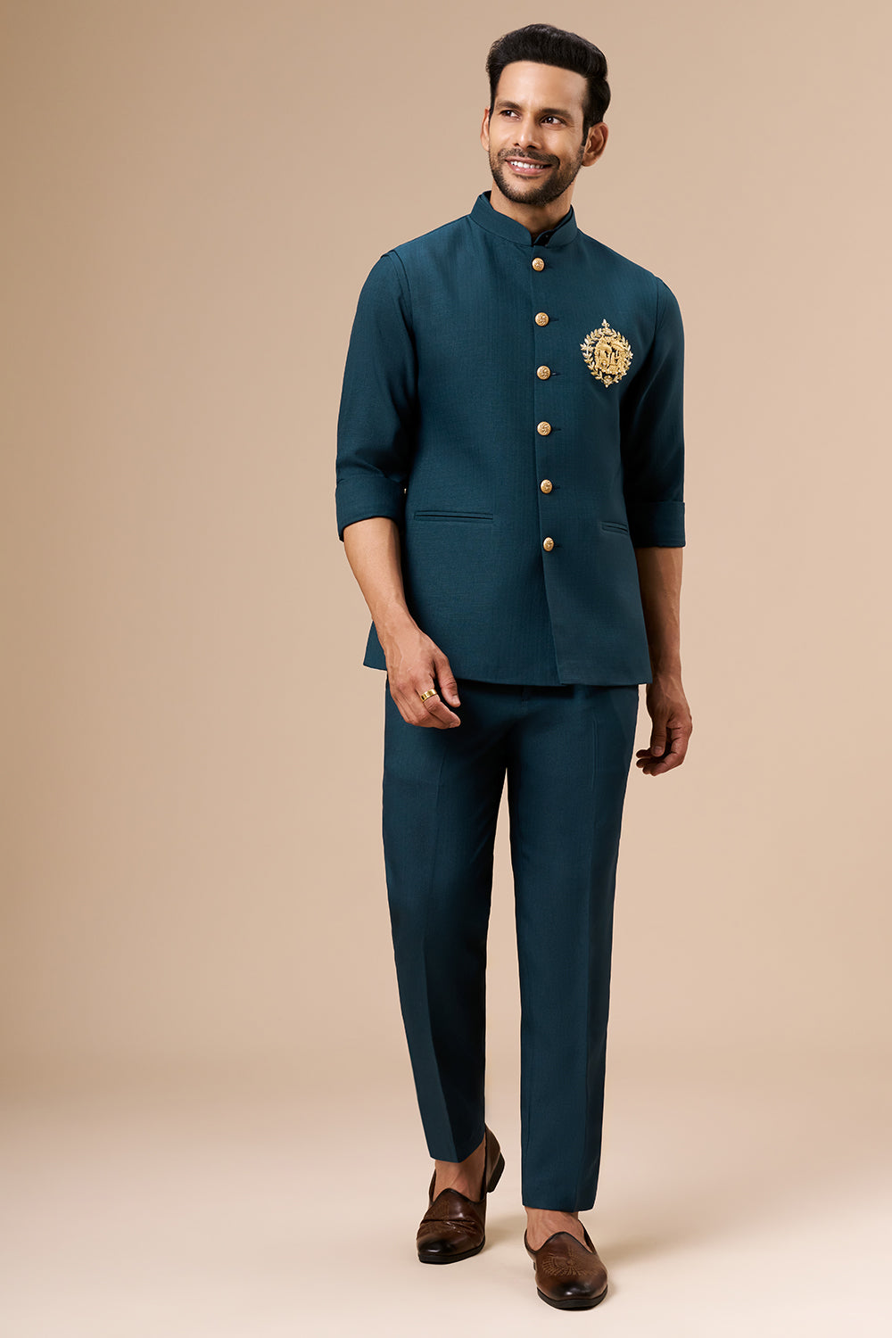 Teal Cotton Silk Embroidered Bundi Set with Zardosi Crest Motif