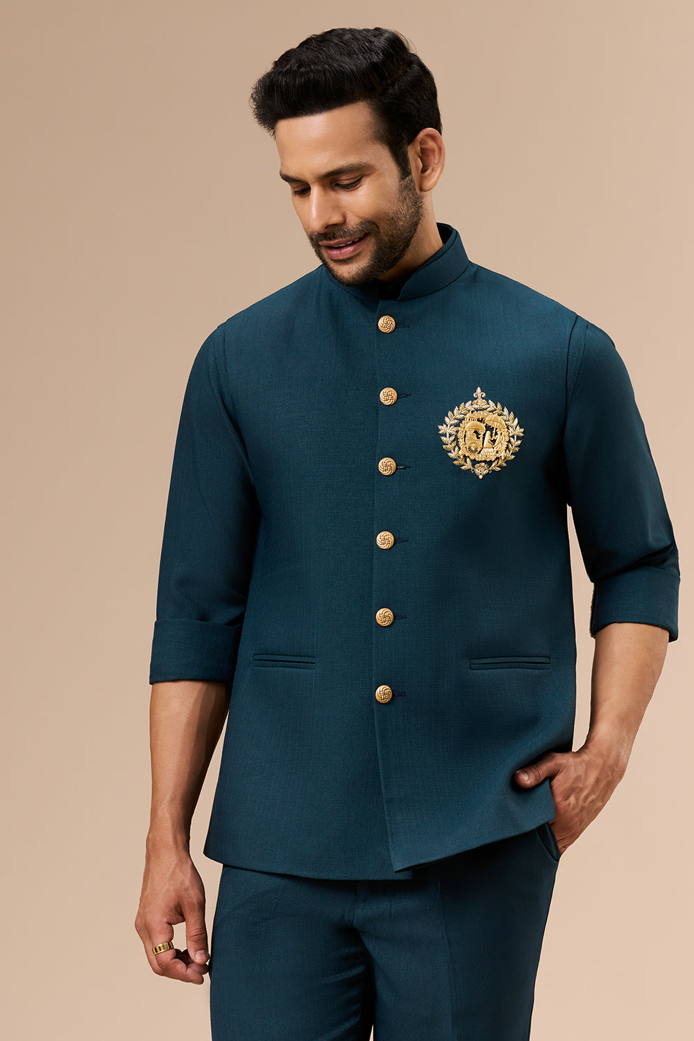 Teal Cotton Silk Embroidered Bundi Set with Zardosi Crest Motif