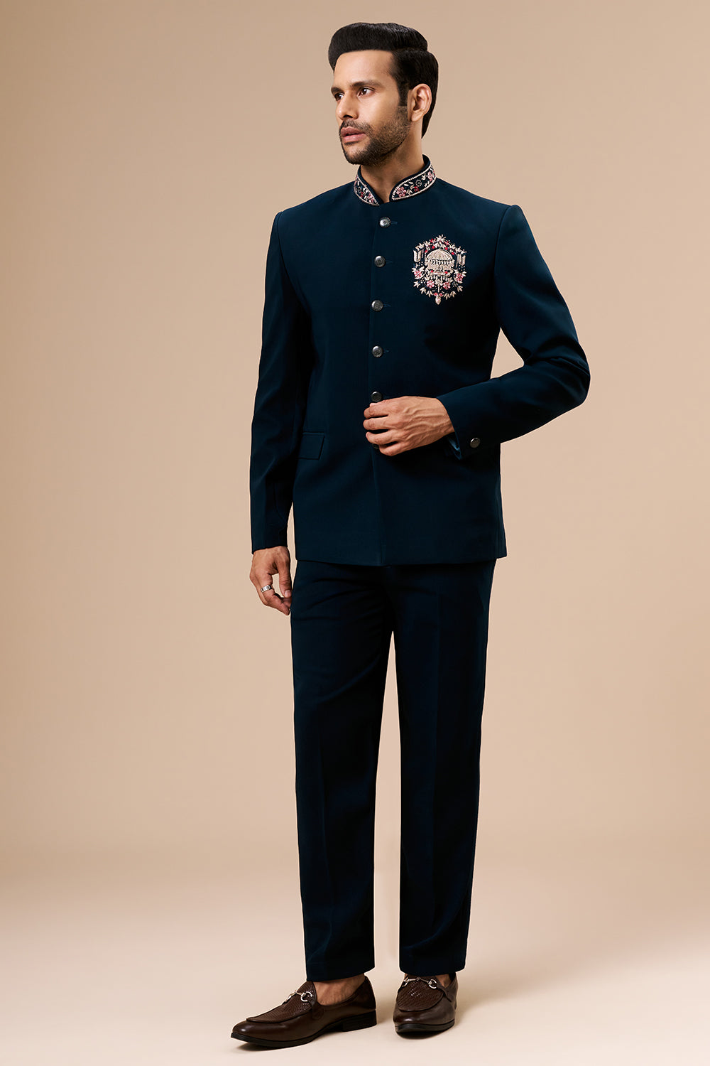 Teal Georgette Jodhpuri with Zari Medallian Motif