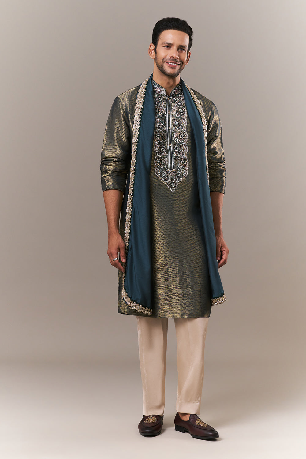 Teal Green Brocade Mens Kurta Set with Cutdana Embroidery