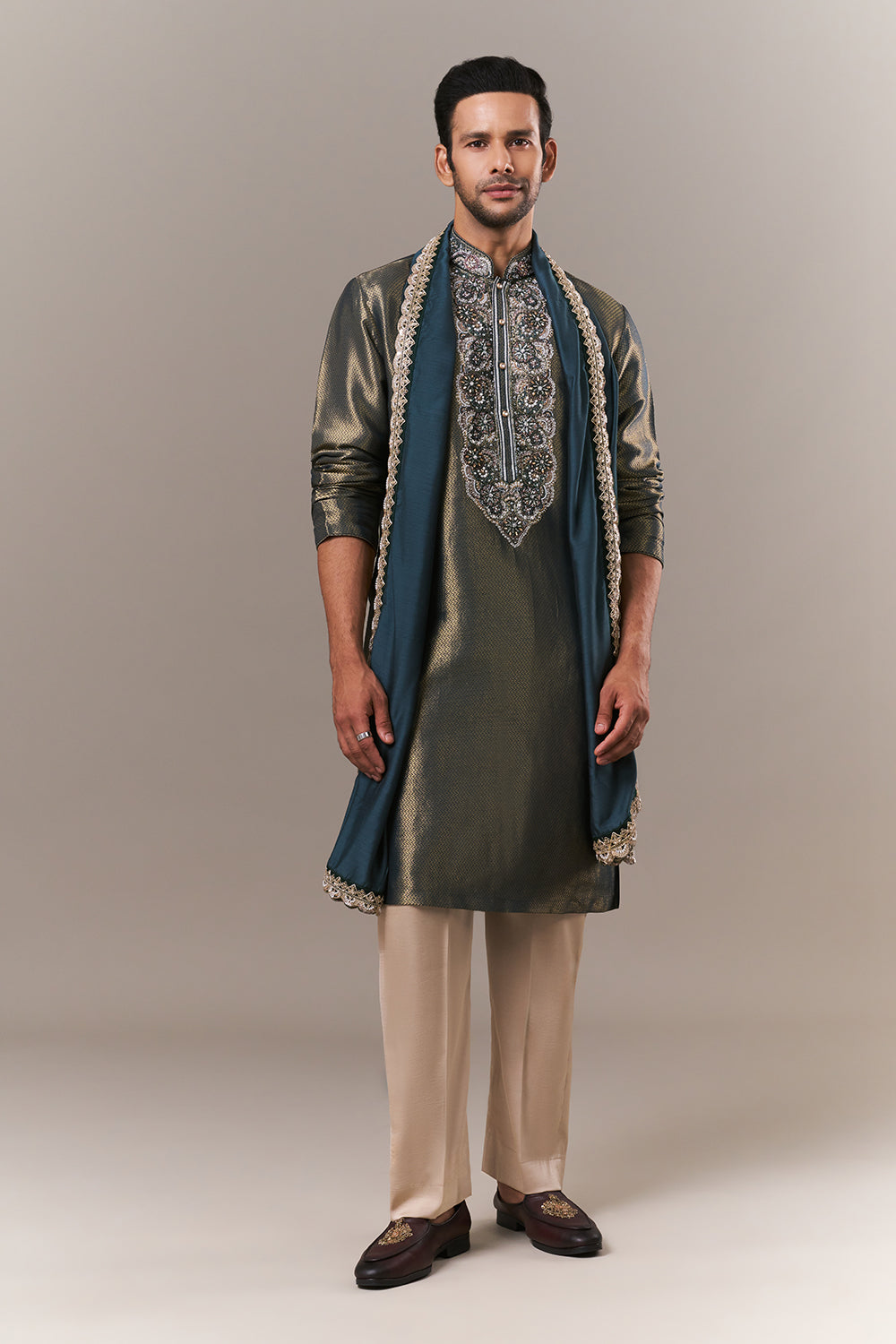 Teal Green Brocade Mens Kurta Set with Cutdana Embroidery
