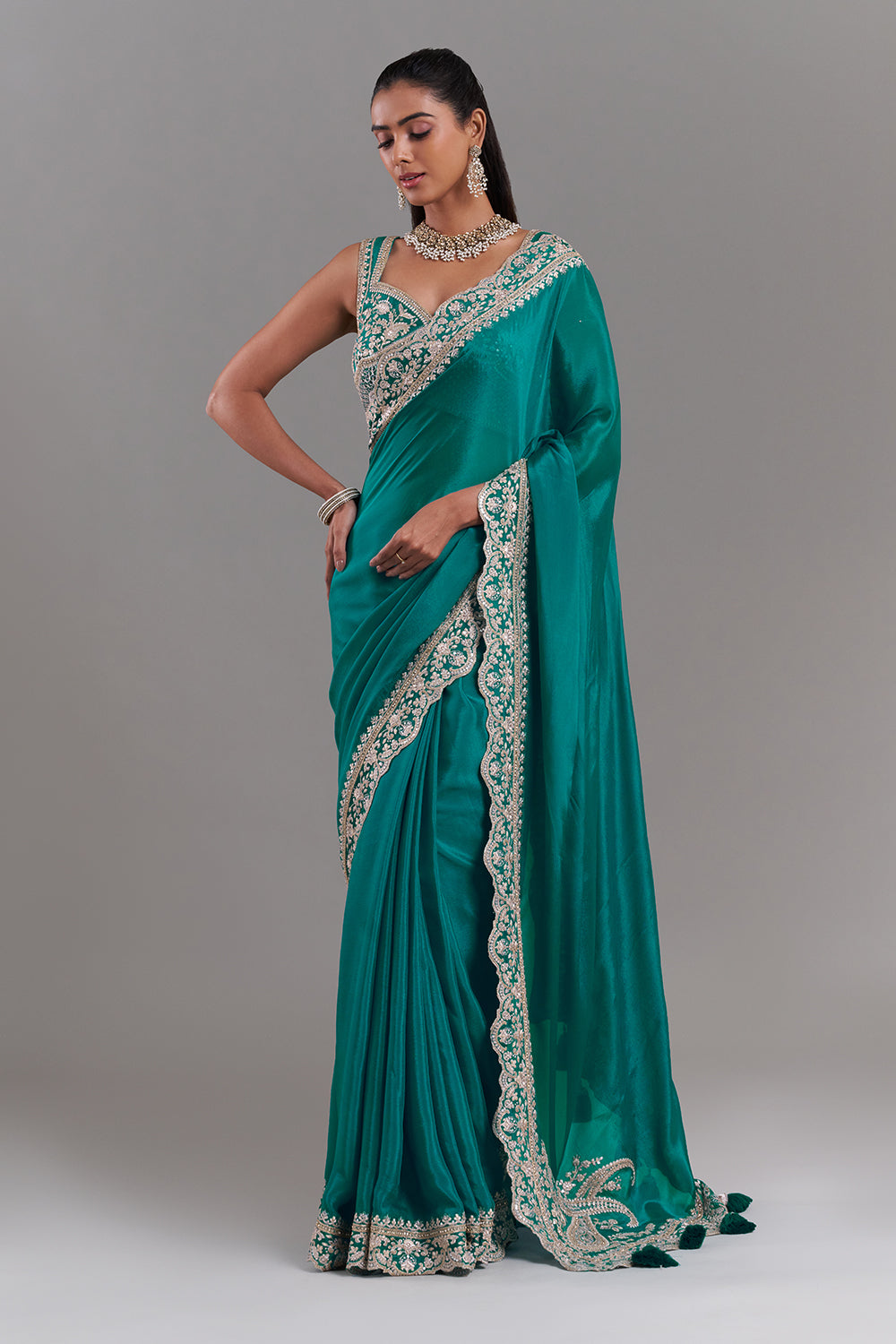 Teal Green Chiffon Saree with Stitched Blouse