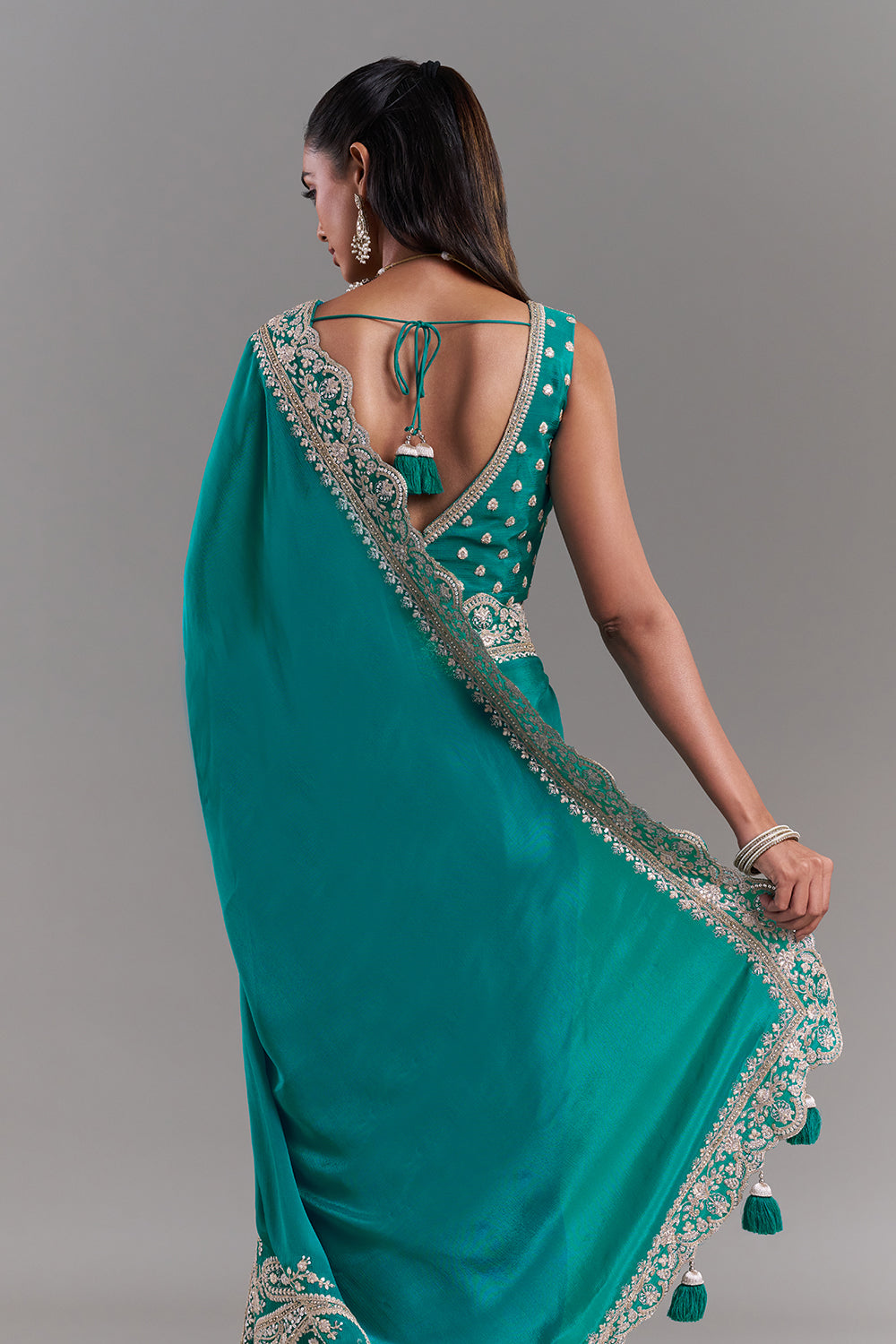 Teal Green Chiffon Saree with Stitched Blouse