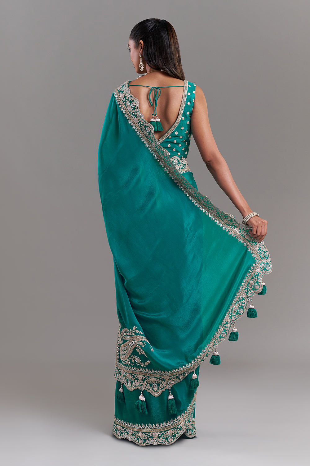 Teal Green Chiffon Saree with Stitched Blouse