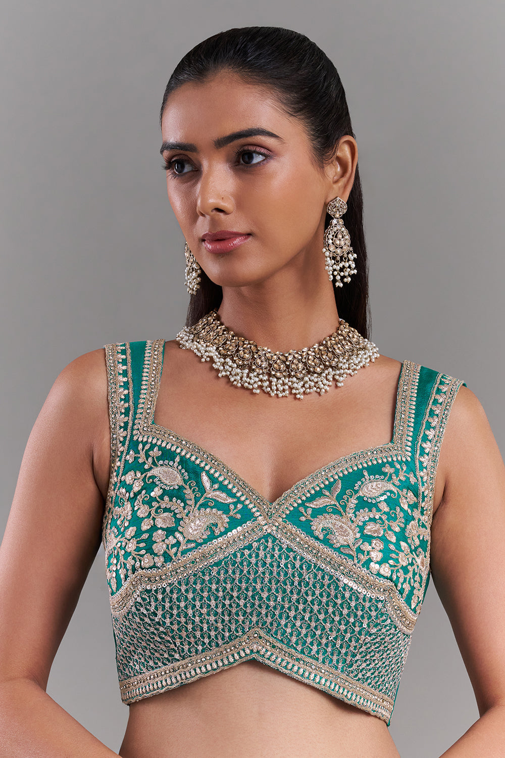 Teal Green Chiffon Saree with Stitched Blouse