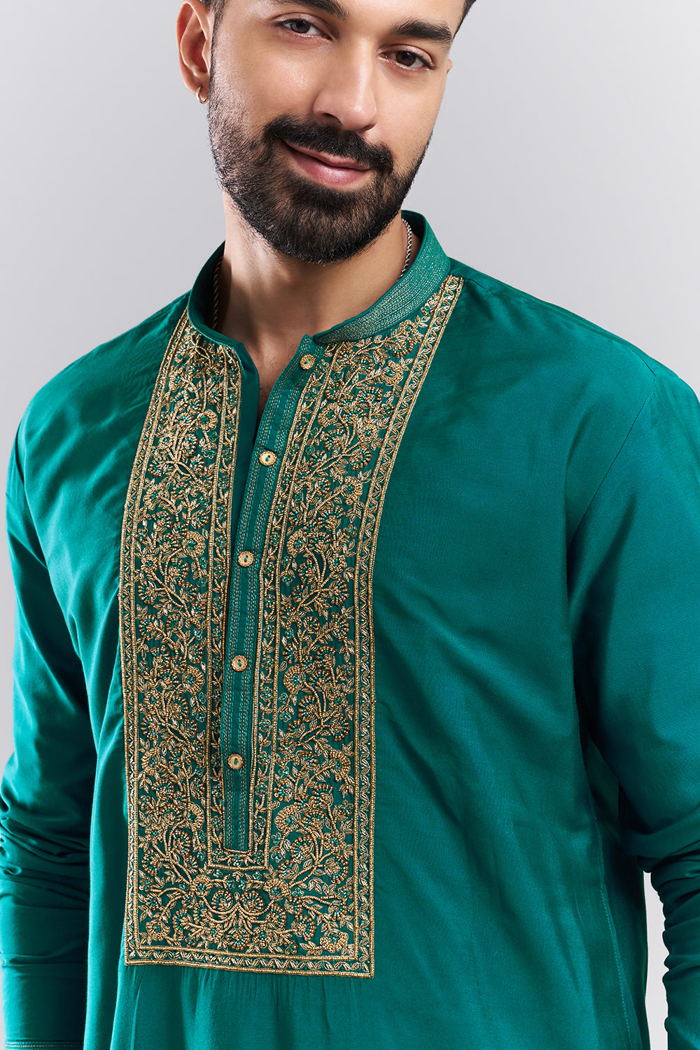 Teal Green Linen Satin Men's Kurta Set with Ornate Yoke
