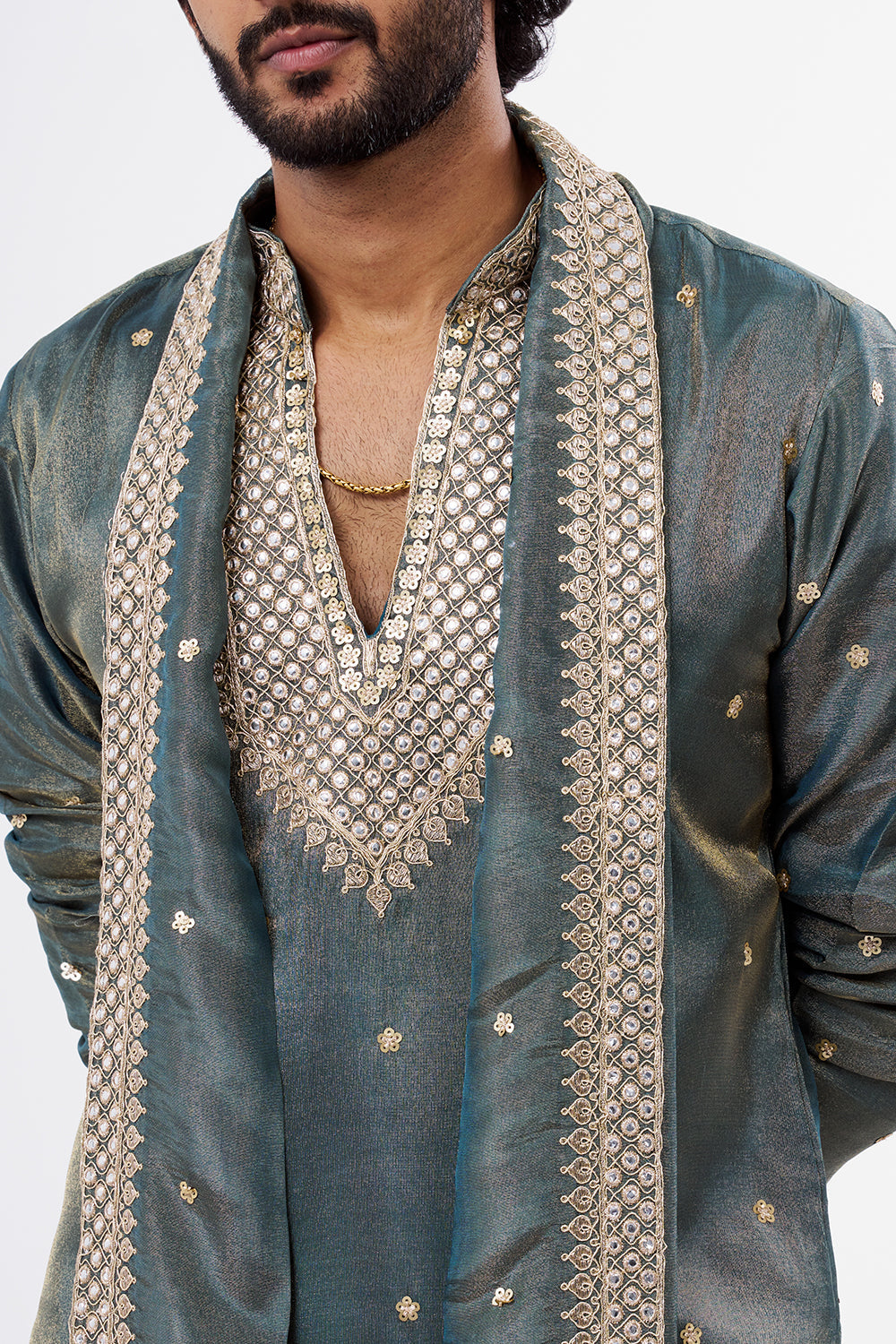 Teal Green Tissue Silk Men's Kurta Set with Zari Work