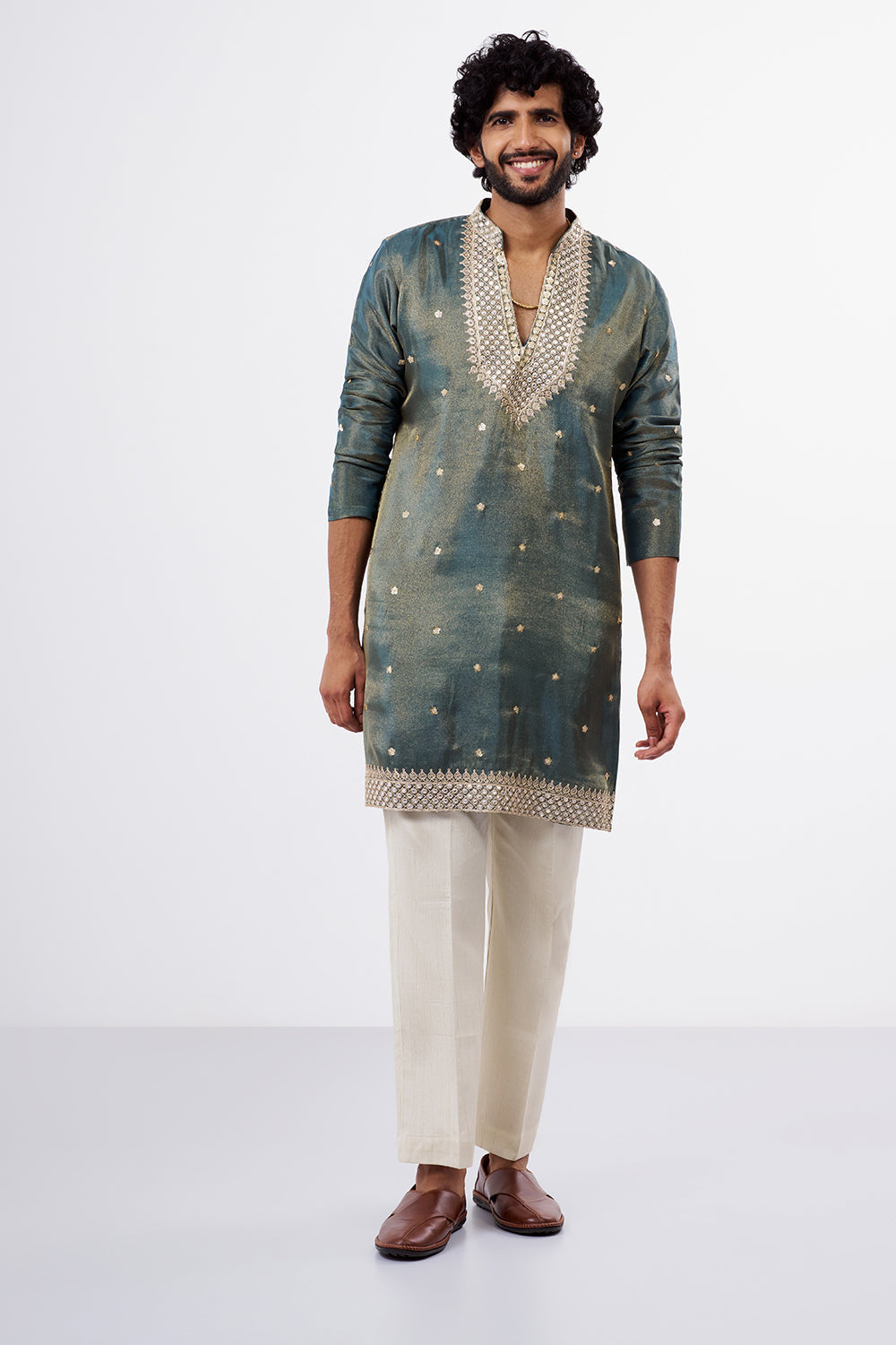 Teal Green Tissue Silk Men's Kurta Set with Zari Work