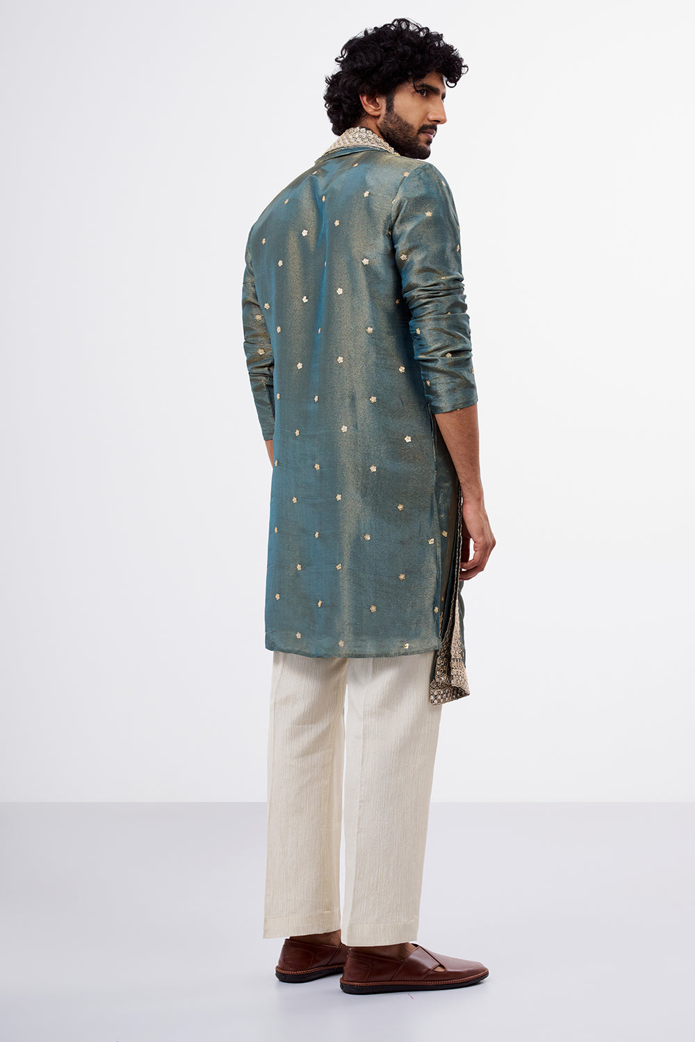 Teal Green Tissue Silk Men's Kurta Set with Zari Work