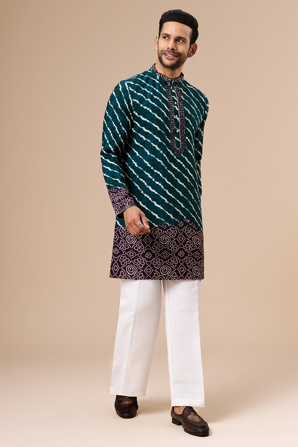 Teal Shaded Cotton Silk Mens Kurta Set with Lehariya Print and Abla Work
