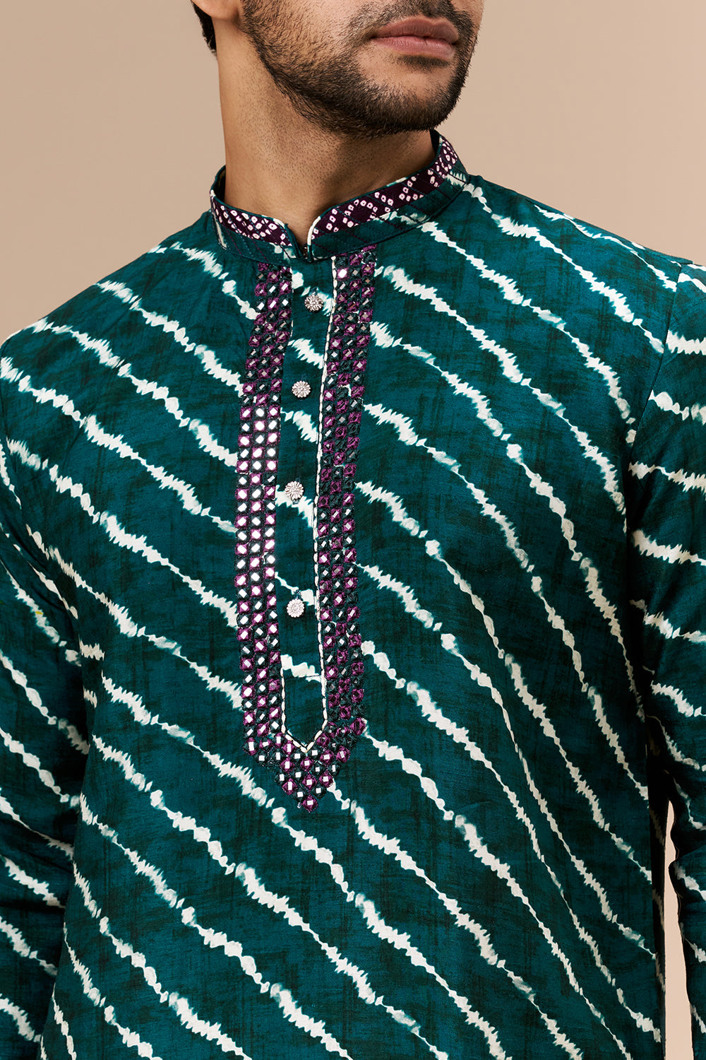Teal Shaded Cotton Silk Mens Kurta Set with Lehariya Print and Abla Work