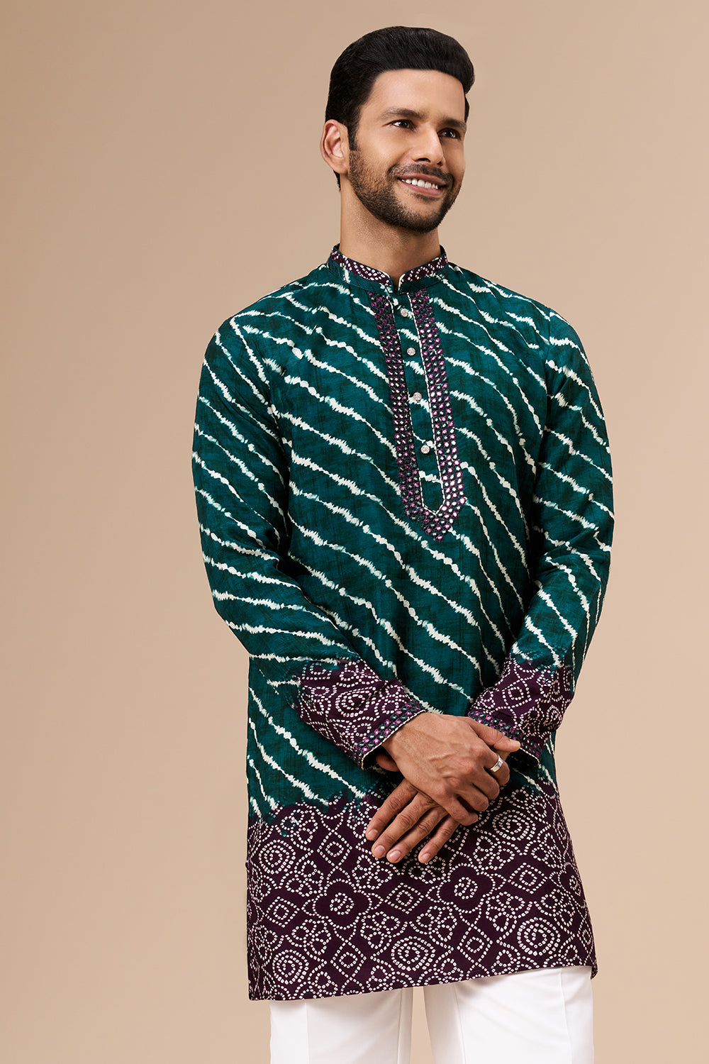 Teal Shaded Cotton Silk Mens Kurta Set with Lehariya Print and Abla Work