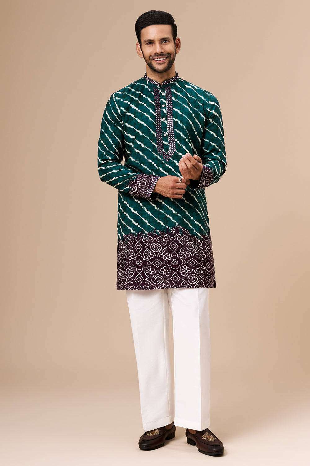 Teal Shaded Cotton Silk Mens Kurta Set with Lehariya Print and Abla Work