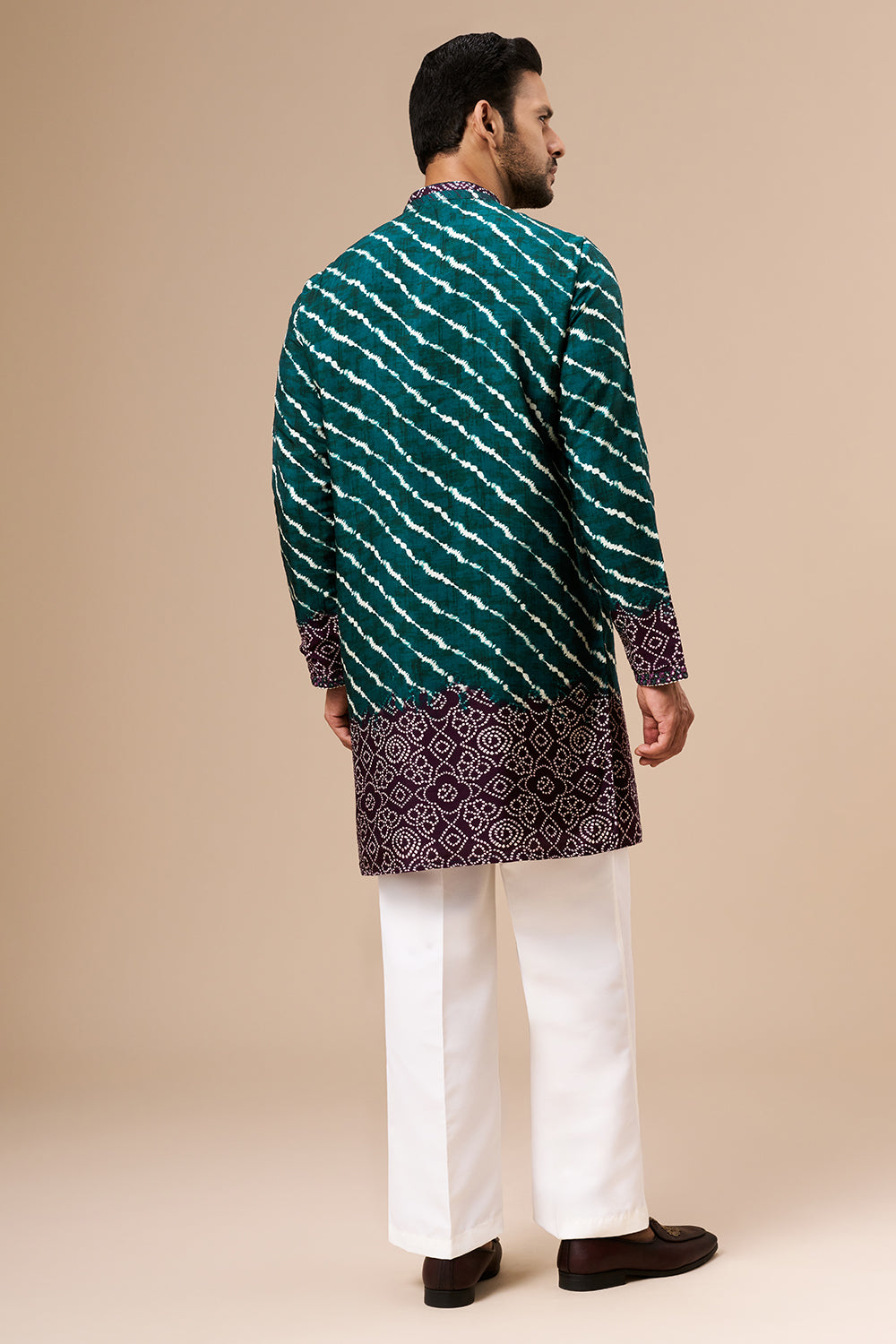 Teal Shaded Cotton Silk Mens Kurta Set with Lehariya Print and Abla Work