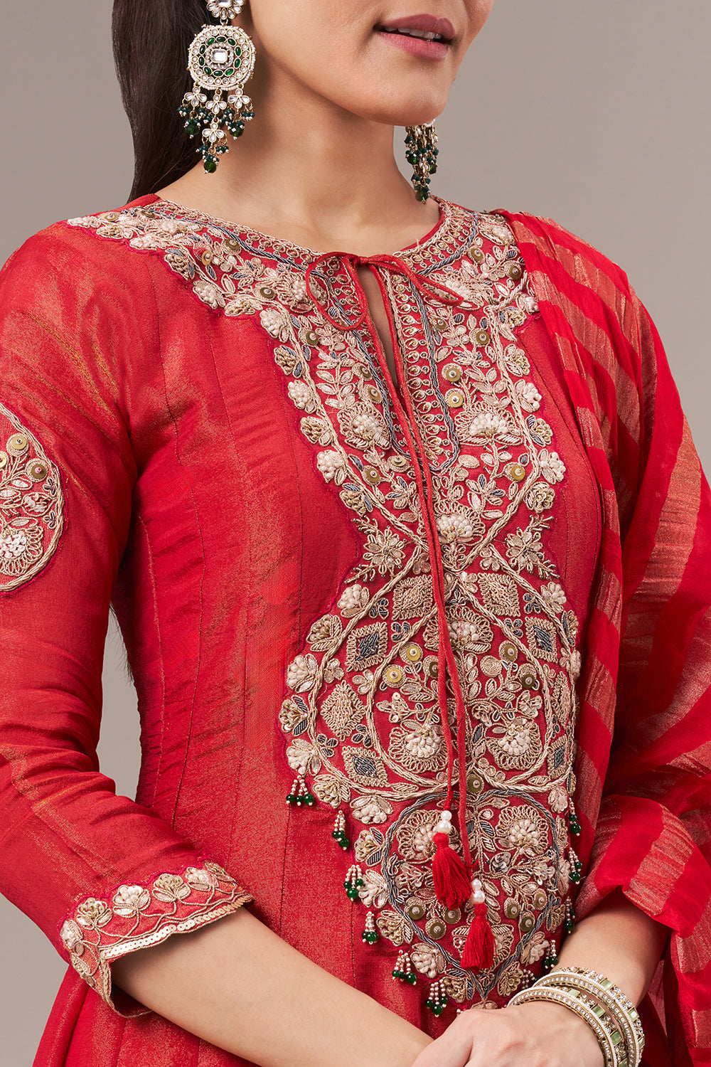 Tomato Red Chinon Sharara Suit with Resham and Cutdana Work