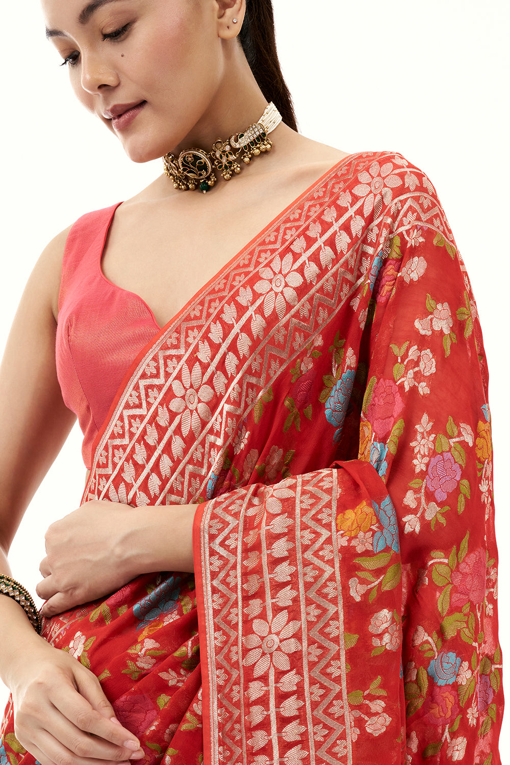 Tomato Red Khadi Georgette Woven Saree with Floral Designs