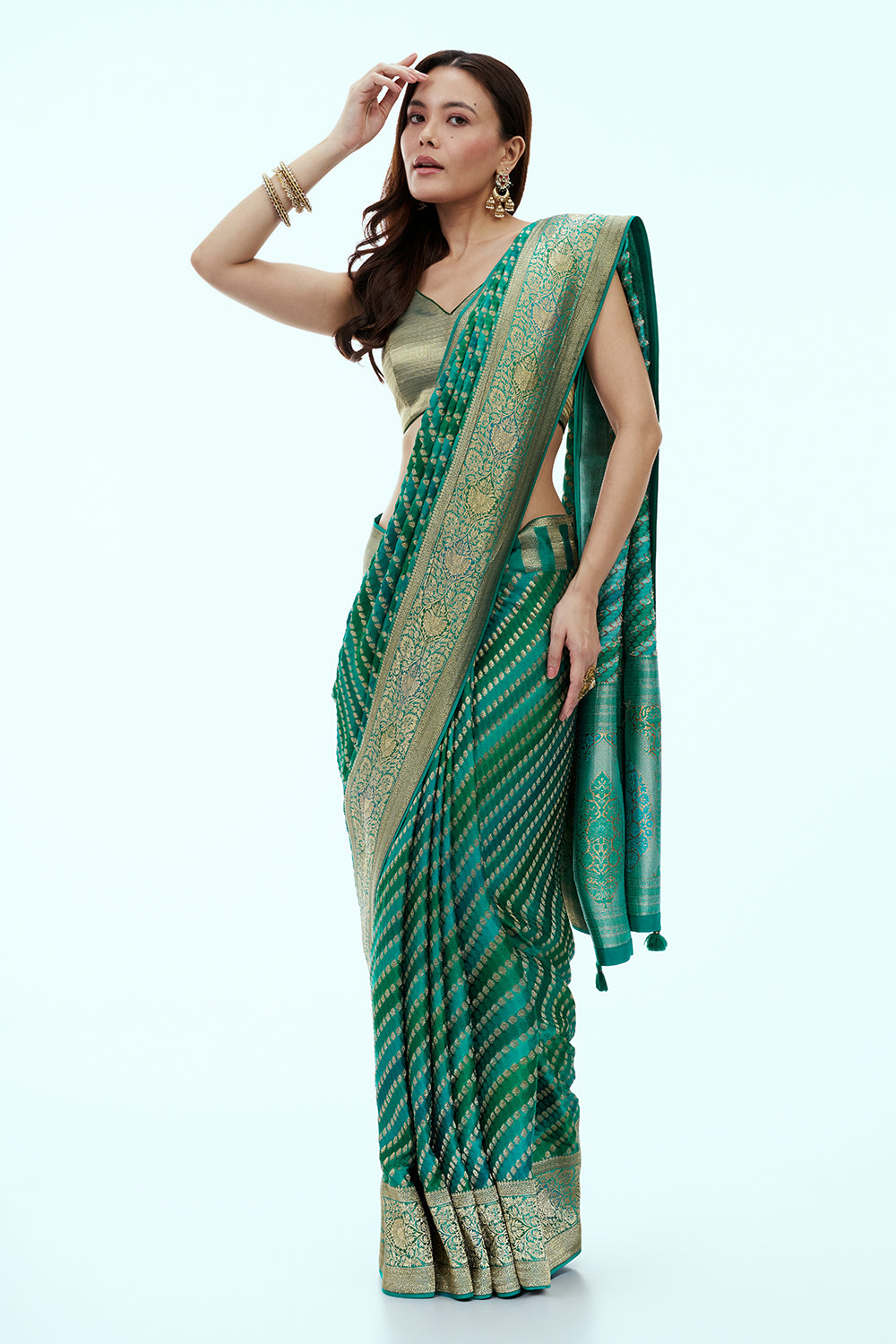 Turquoise Banarasi Resham Zari Woven Style Saree and Unstitched Blouse
