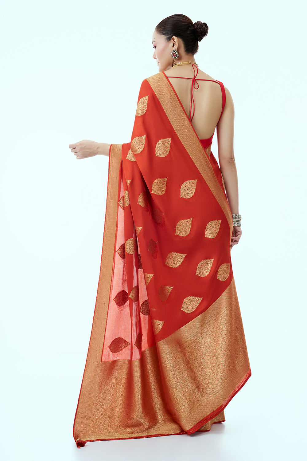 Vermillion Banarasi Brocade Saree with Leaf Imprint and Unstitched Blouse