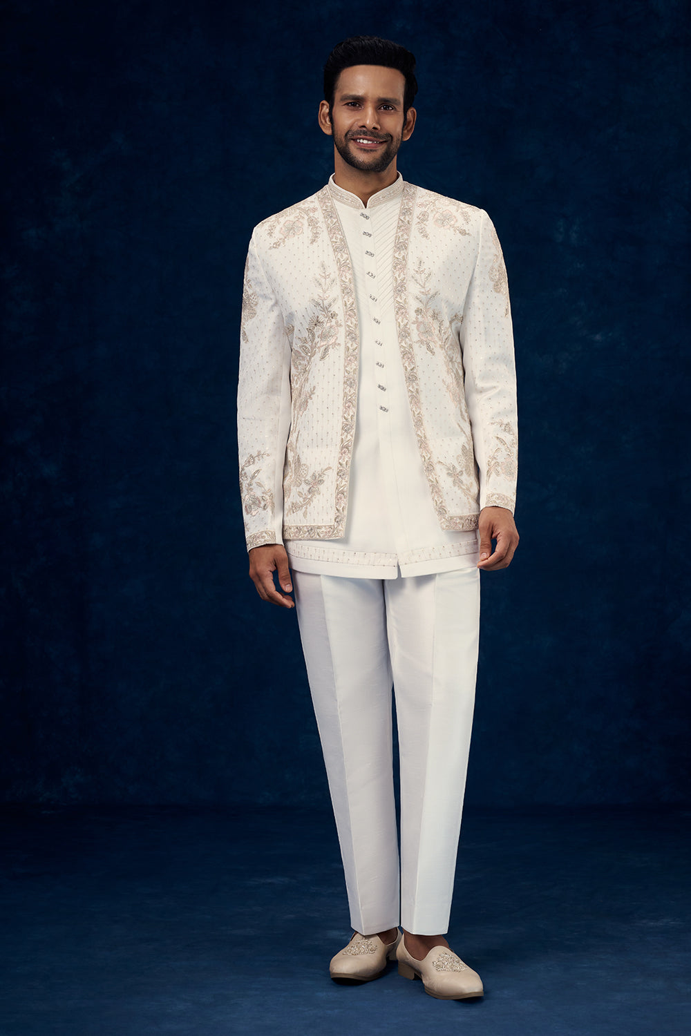 White Art Silk Indo Western Set with Resham and Zari Work