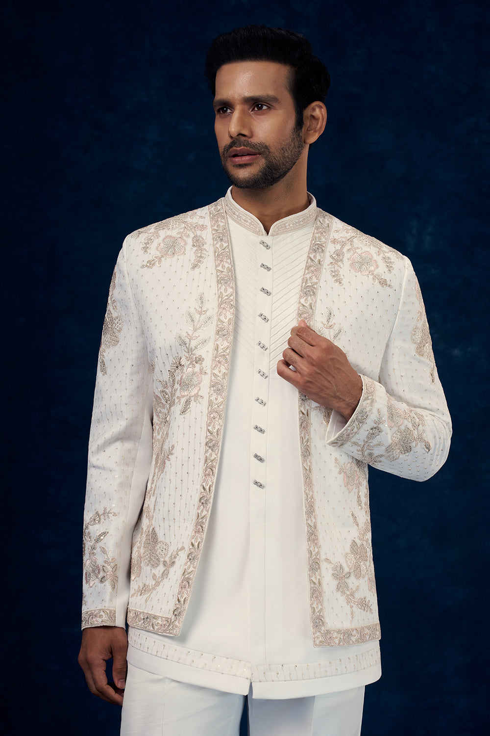 White Art Silk Indo Western Set with Resham and Zari Work