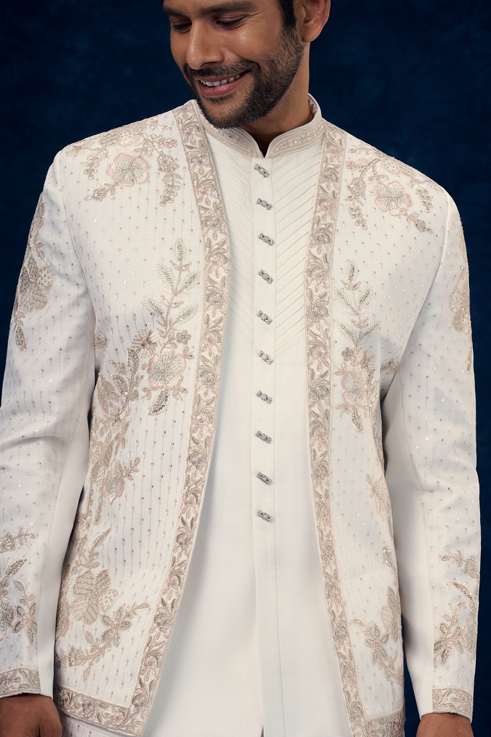 White Art Silk Indo Western Set with Resham and Zari Work