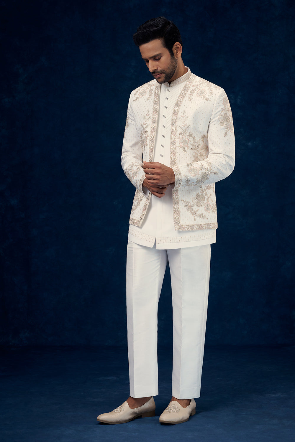 White Art Silk Indo Western Set with Resham and Zari Work